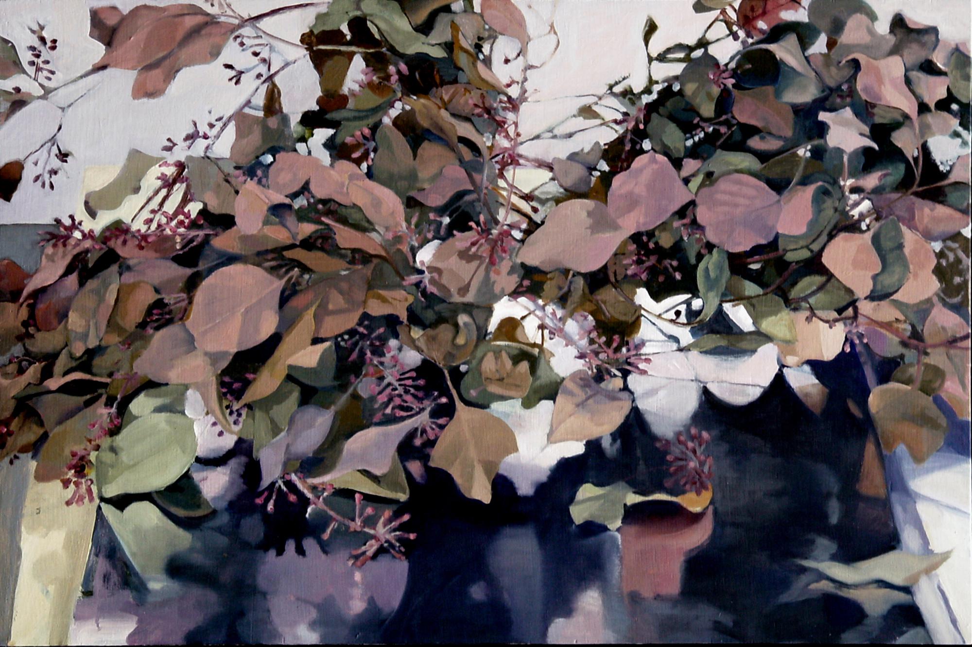 Reflections II / Eukalyptusblätter, warm, Natur, abstraktes Ölgemälde auf Tafel