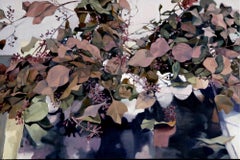 Reflections II / eucalyptus leaves, warm, nature, abstract oil painting on panel