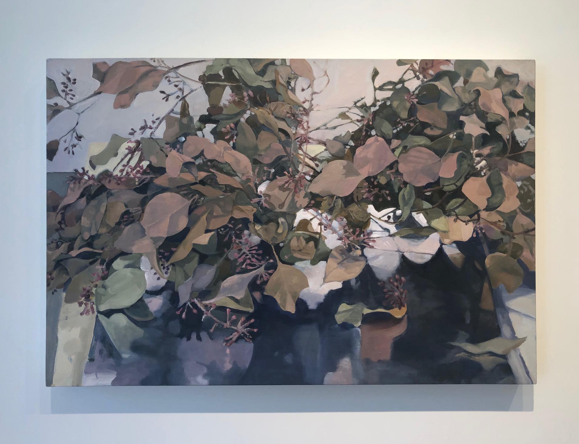 Reflections II / feuilles d'eucalyptus, chaleur, nature, peinture à l'huile abstraite sur panneau - Noir Still-Life Painting par Stephanie Peek