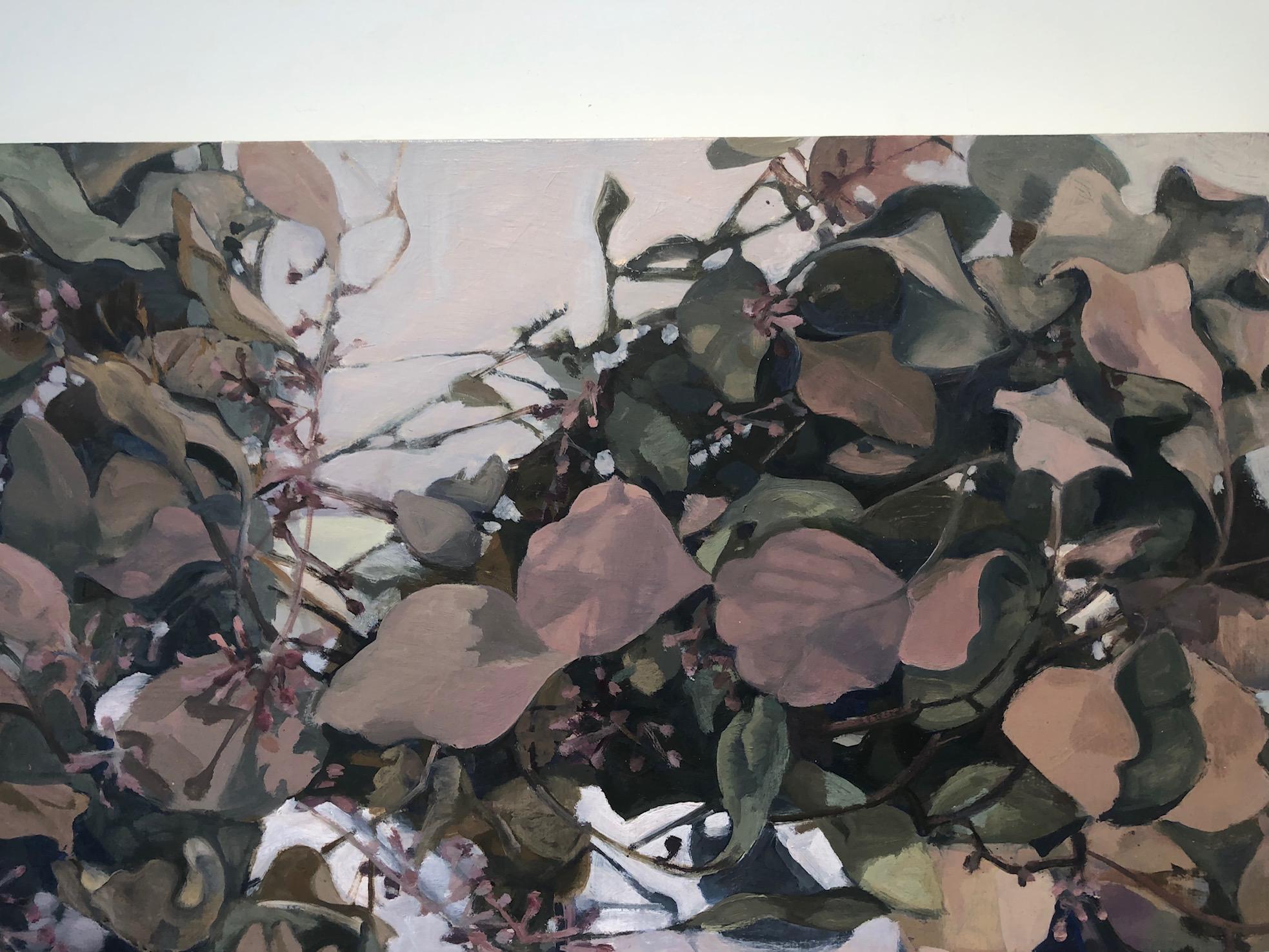 Reflections II / feuilles d'eucalyptus, chaleur, nature, peinture à l'huile abstraite sur panneau en vente 1