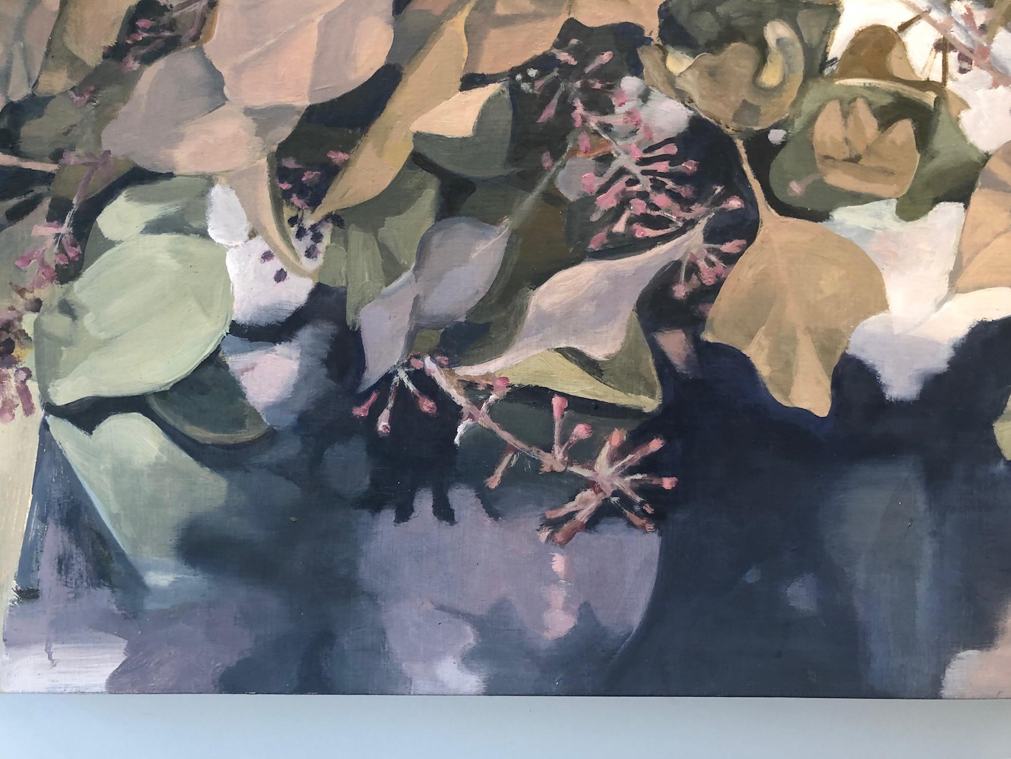 Reflections II / eucalyptus leaves, warm, nature, abstract oil painting on panel - Black Still-Life Painting by Stephanie Peek