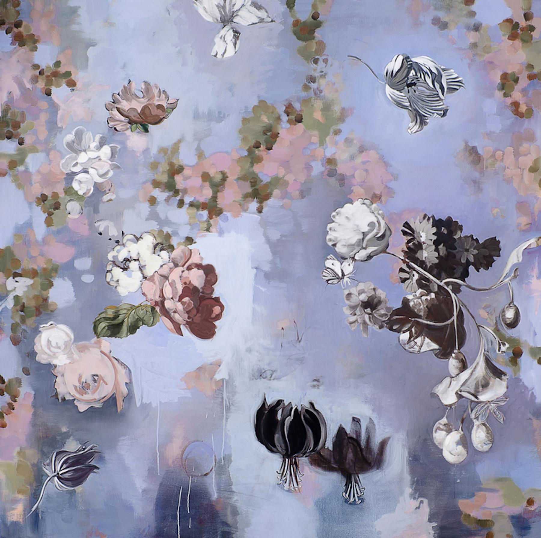 Til Paradise II - falling  flowers 72 x 72 inches