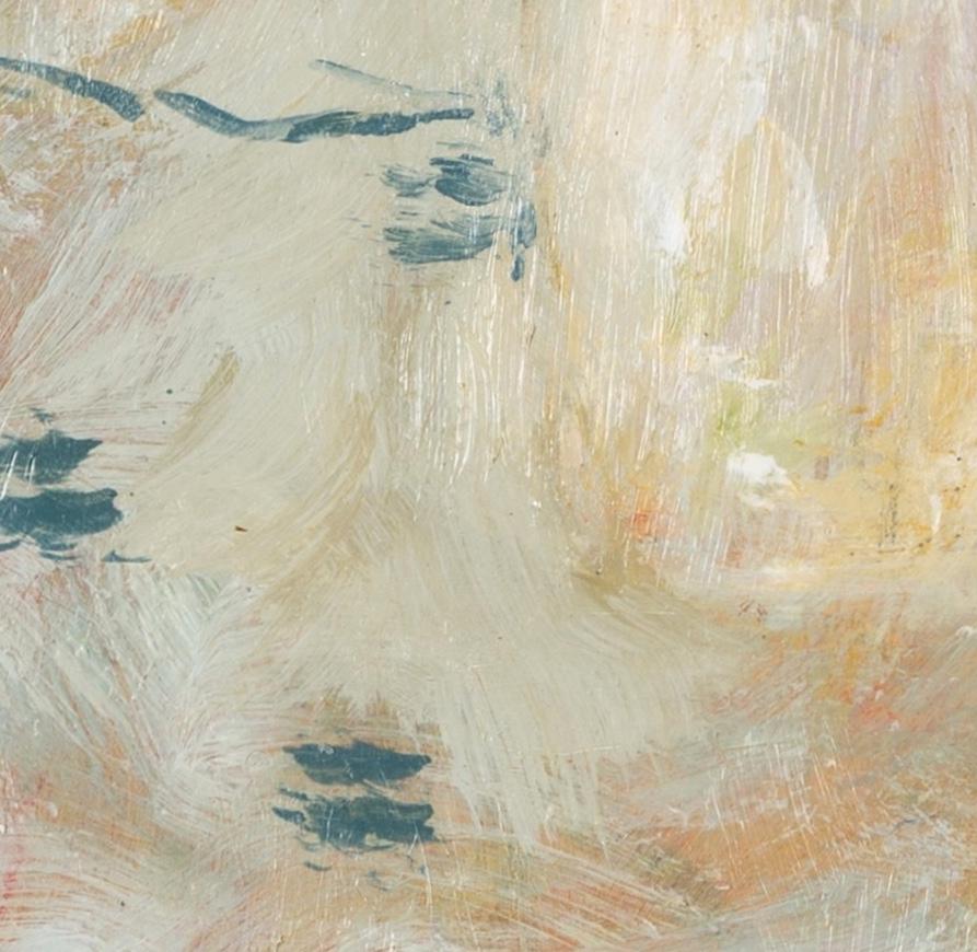 Bleuets et tissu Sashiko - Nature morte fleurie, peinture à l'huile, gris et jaune en vente 7
