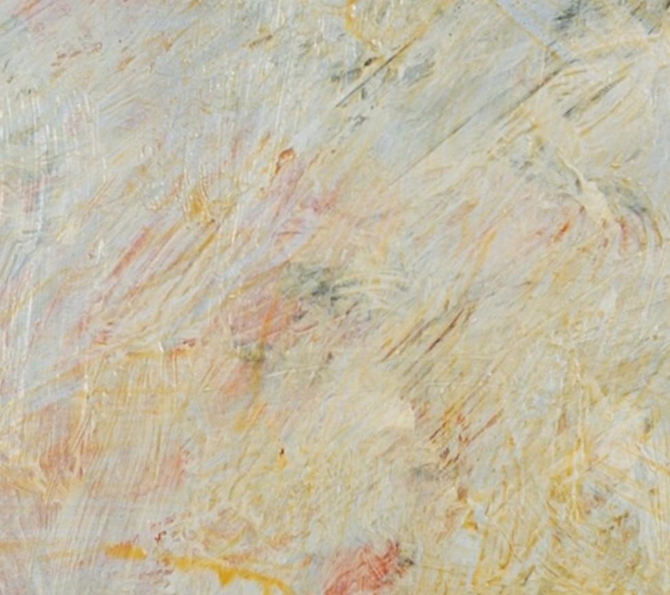Bleuets et tissu Sashiko - Nature morte fleurie, peinture à l'huile, gris et jaune en vente 8