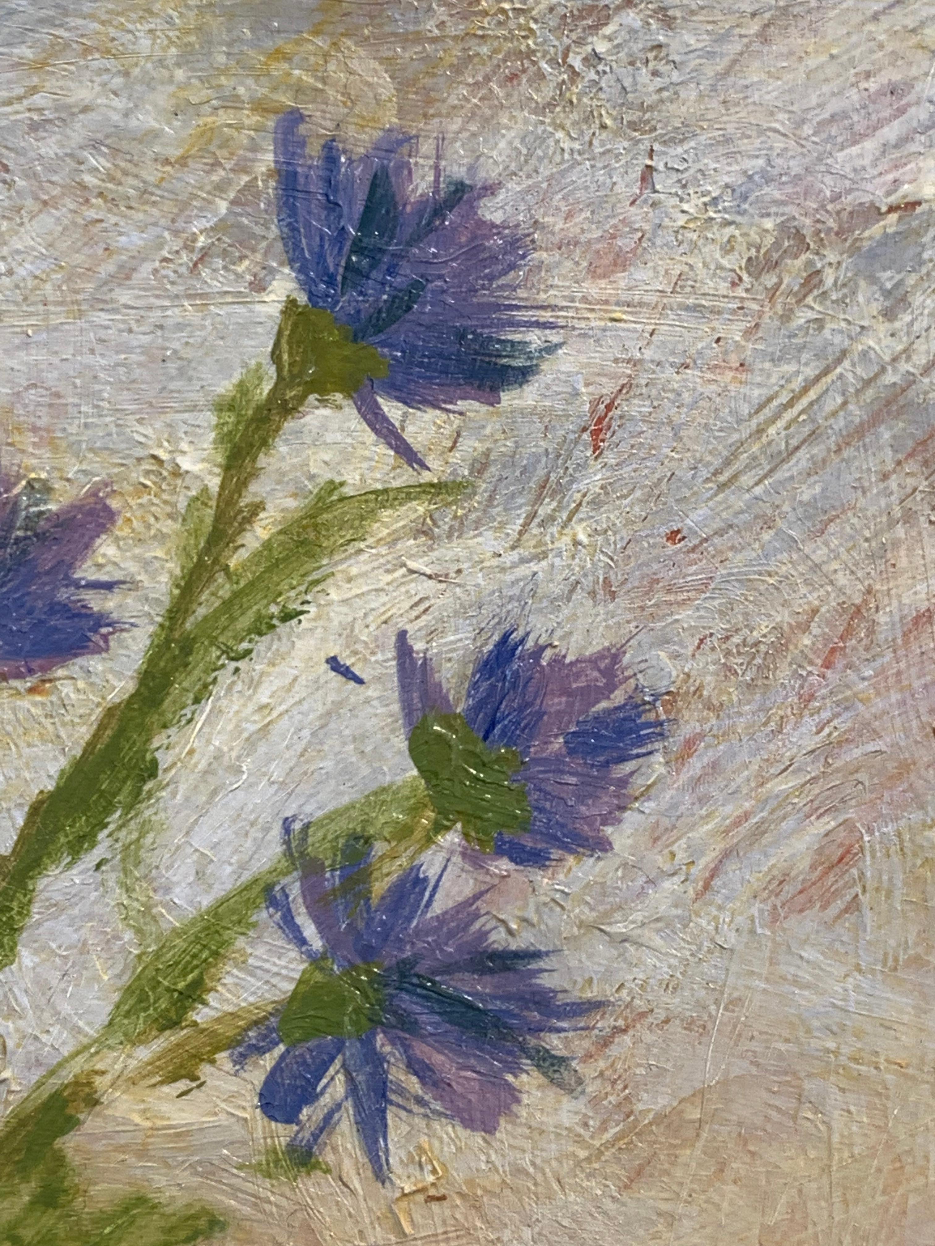 Bleuets et tissu Sashiko - Nature morte fleurie, peinture à l'huile, gris et jaune en vente 4