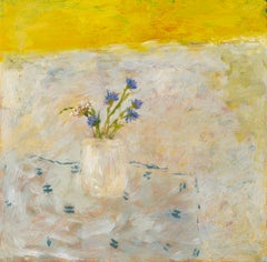 Cornflowers and Sashiko Cloth - Flower Still Life Oil Painting, Grey and Yellow
