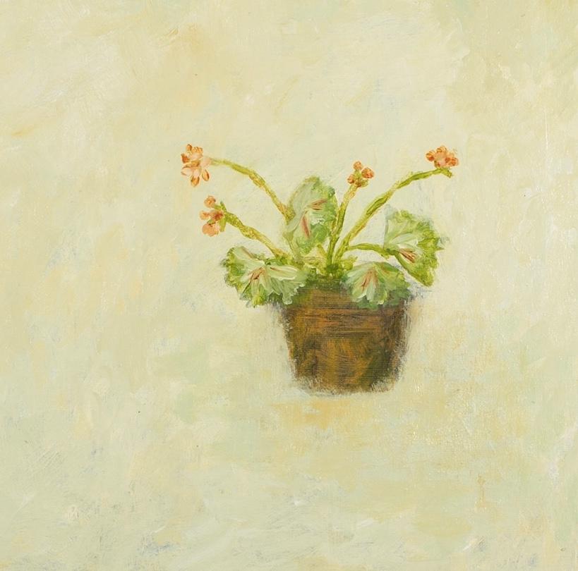 Gerani in fiore, pittura ad olio contemporanea di natura morta floreale, 2024 - Still-Life Painting Beige di Stephanie Richards