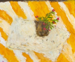 Rayas Ocres - Amarillo Brillante + Blanco Pintura al Óleo Contemporánea de Flores