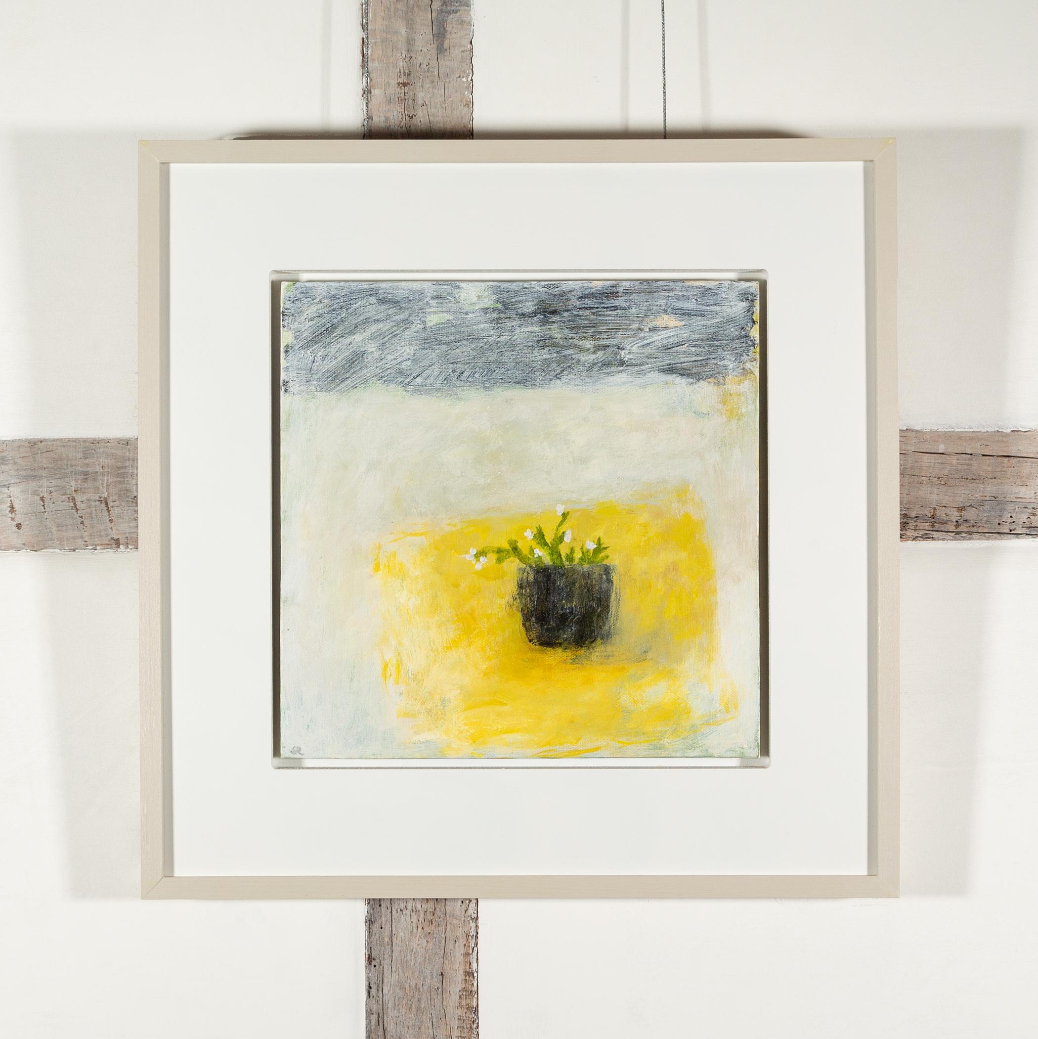 Tea Bowl with Buttercup Cloth, 2024 - Minimalist Still Life Floral Oil Painting - Beige Figurative Painting by Stephanie Richards