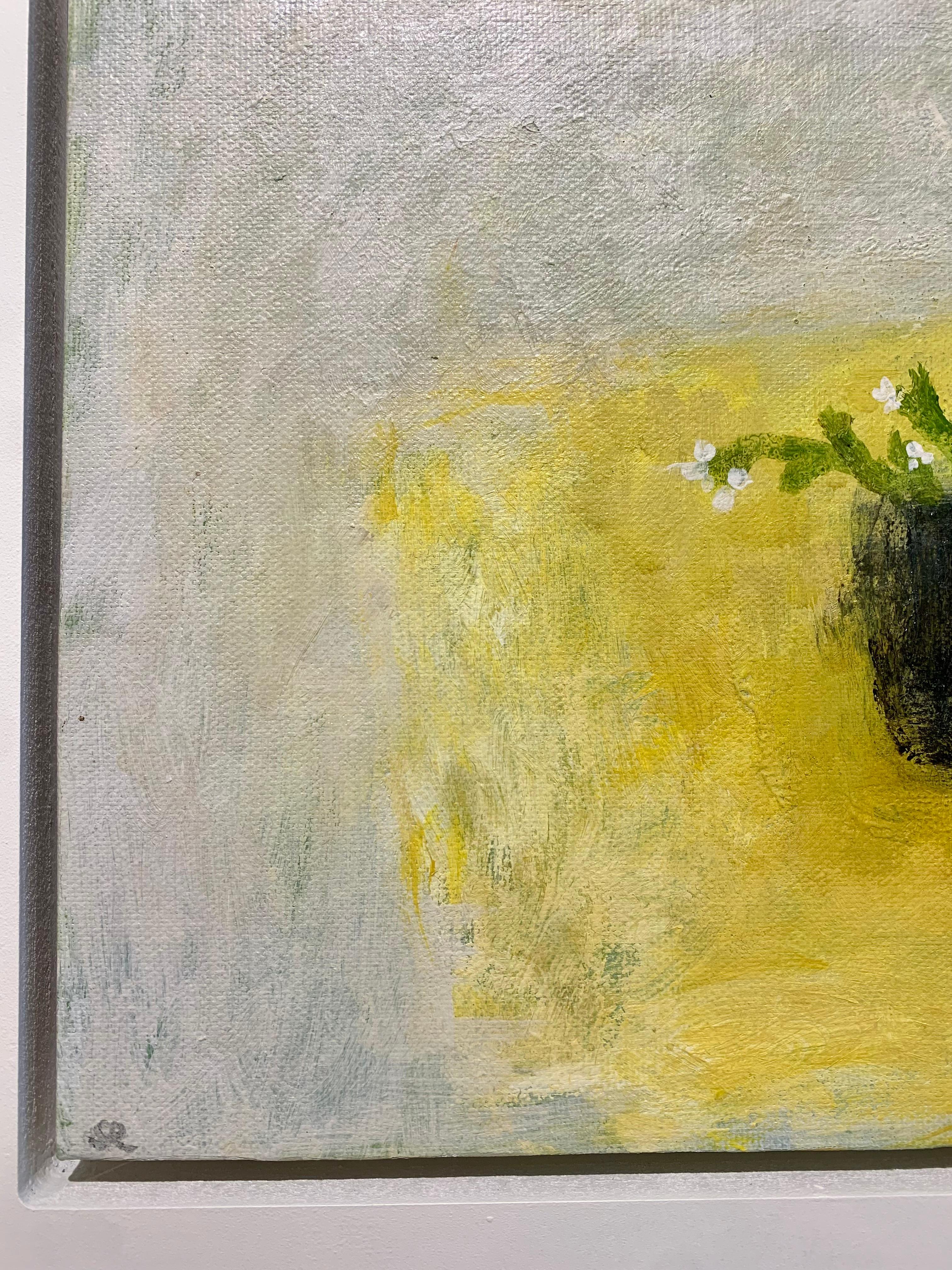 Tea Bowl with Buttercup Cloth, 2024 - Minimalist Still Life Floral Oil Painting For Sale 4