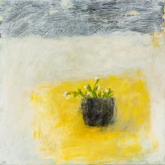 Tazón de té con paño de botón de oro, 2024 - Naturaleza Muerta Minimalista Pintura al Óleo Floral