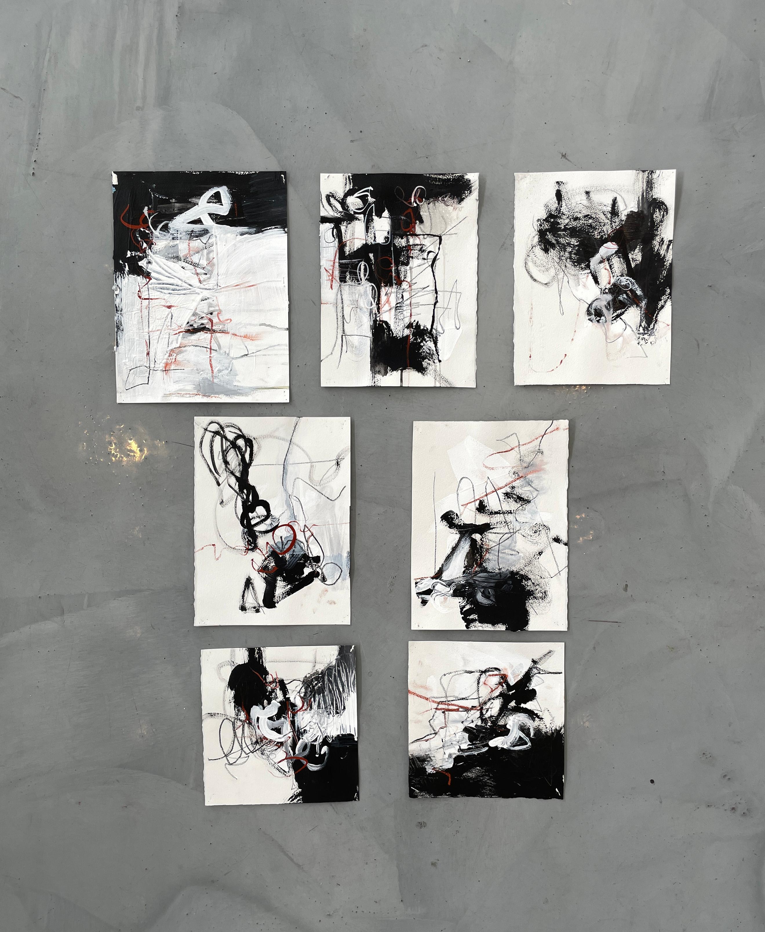 Stephanie Visser  Abstract Painting - "Black, White and Red Collection" - set of 7 mixed media on paper