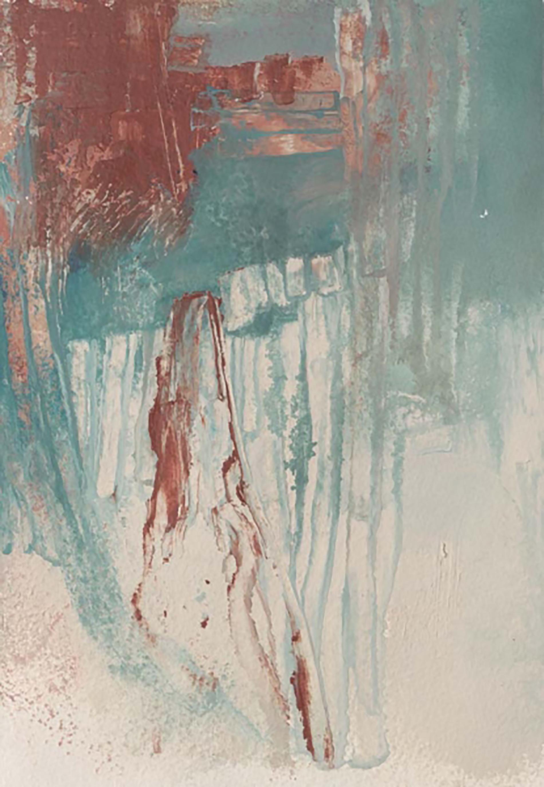 Abstract Painting Stephanie Visser  - "" Querencia : rouille bleue ""  Huile sur papier, encadrée