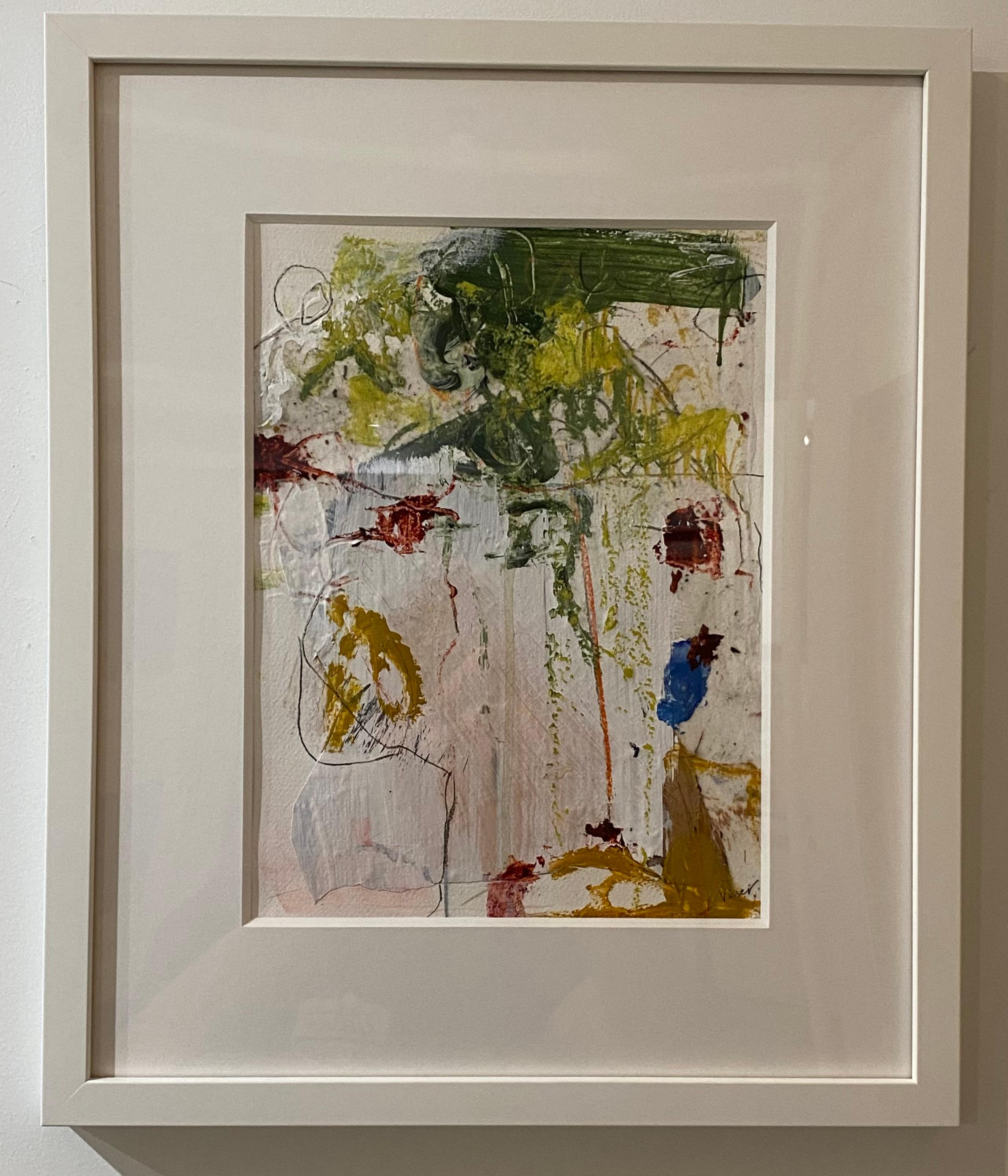 Exploding with emotion, energy and color Stephanie Visser's mixed media paintings on paper are framed in a simple and clean white wood frame with thick 4-ply acid free matting and UV plexiglass. Framed dimensions are 15