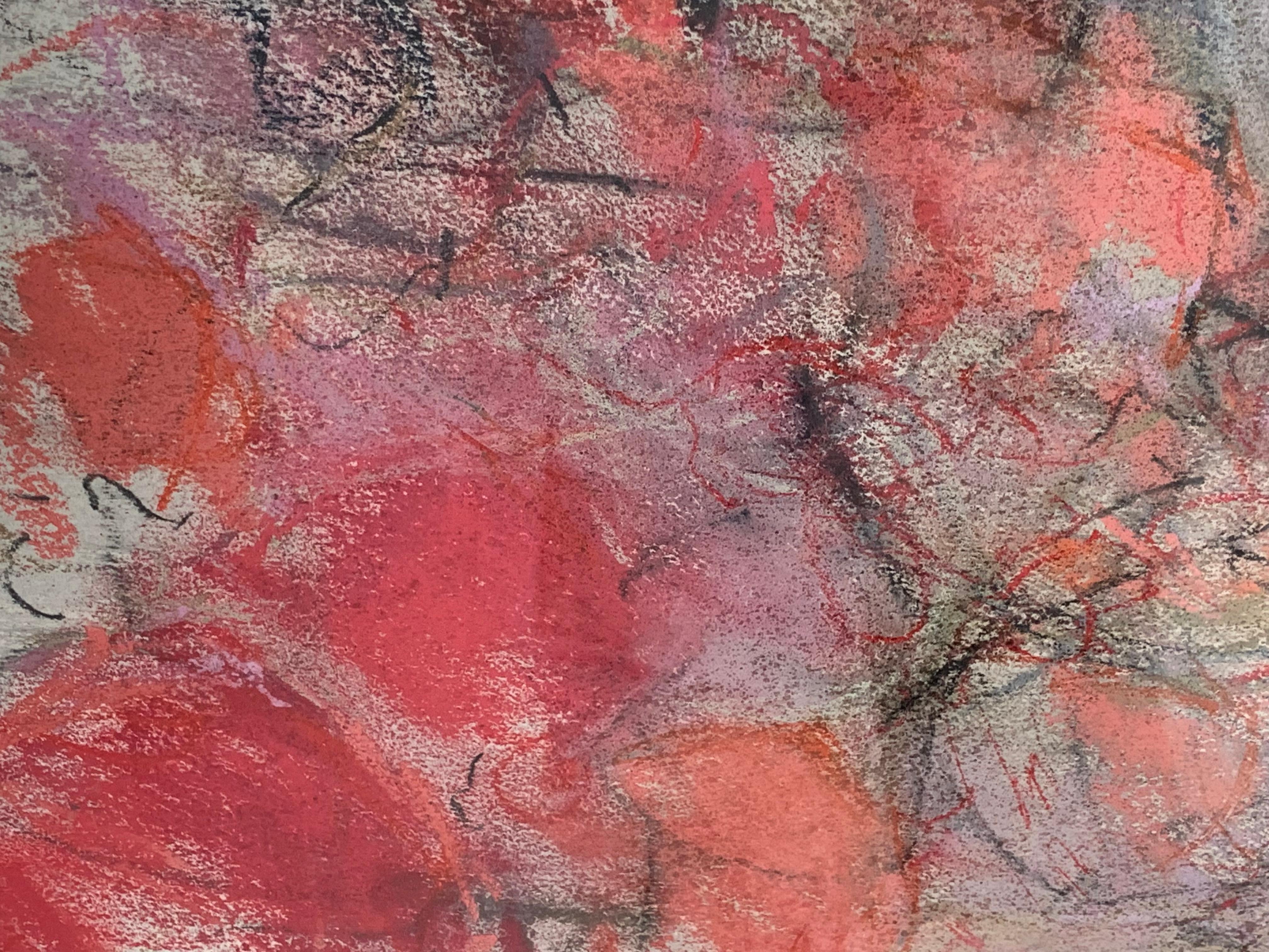 Mixed media abstracted floral on paper by artist Stephanie Wheeler.
On Italian archival paper , lovely use of corals , lavender , and vermillion , charcoal.
Oil pastel and charcoal mixed media 
signed lower right 
Framing included , soft warm silver