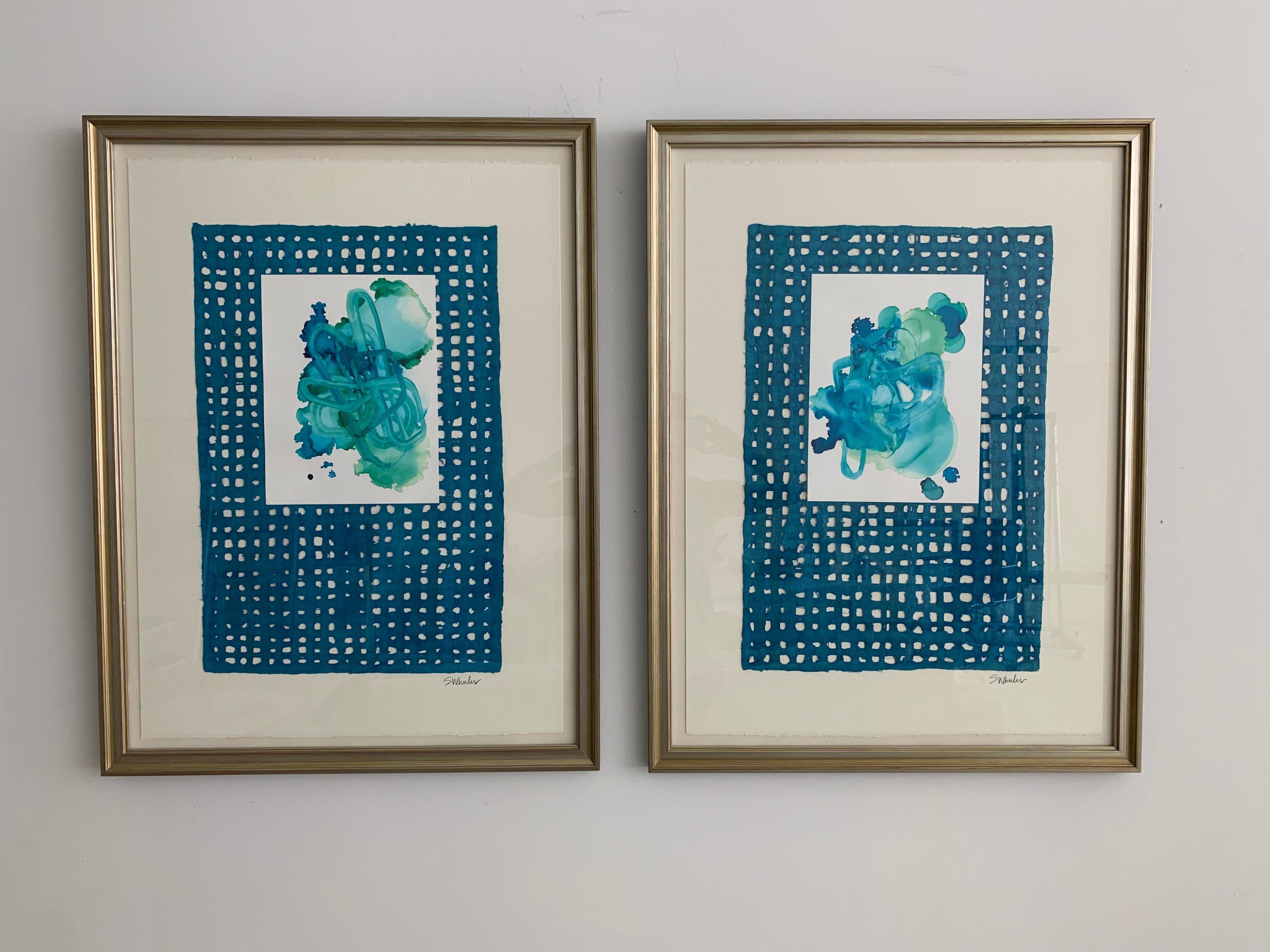 Collage mixed media abstract by Stephanie Wheeler.

Handmade dyed paper in vibrant turquoise and blue hues layered with ink and acrylic polymer abstract .
This piece is mounted on Fabriano Italian paper with a deckled edge top and bottom .
Framing