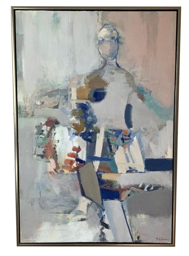 Stephanie Wheeler abstrahierte Figur . Blassrosa , Blau  und Grautönen. Silver Floater Frame enthalten .  Dieses figurative Stück ist ein Blickfang in jedem Haus!  Bringt Freude und Glück. Dieses Gemälde ist Teil ihrer Ausstellung 