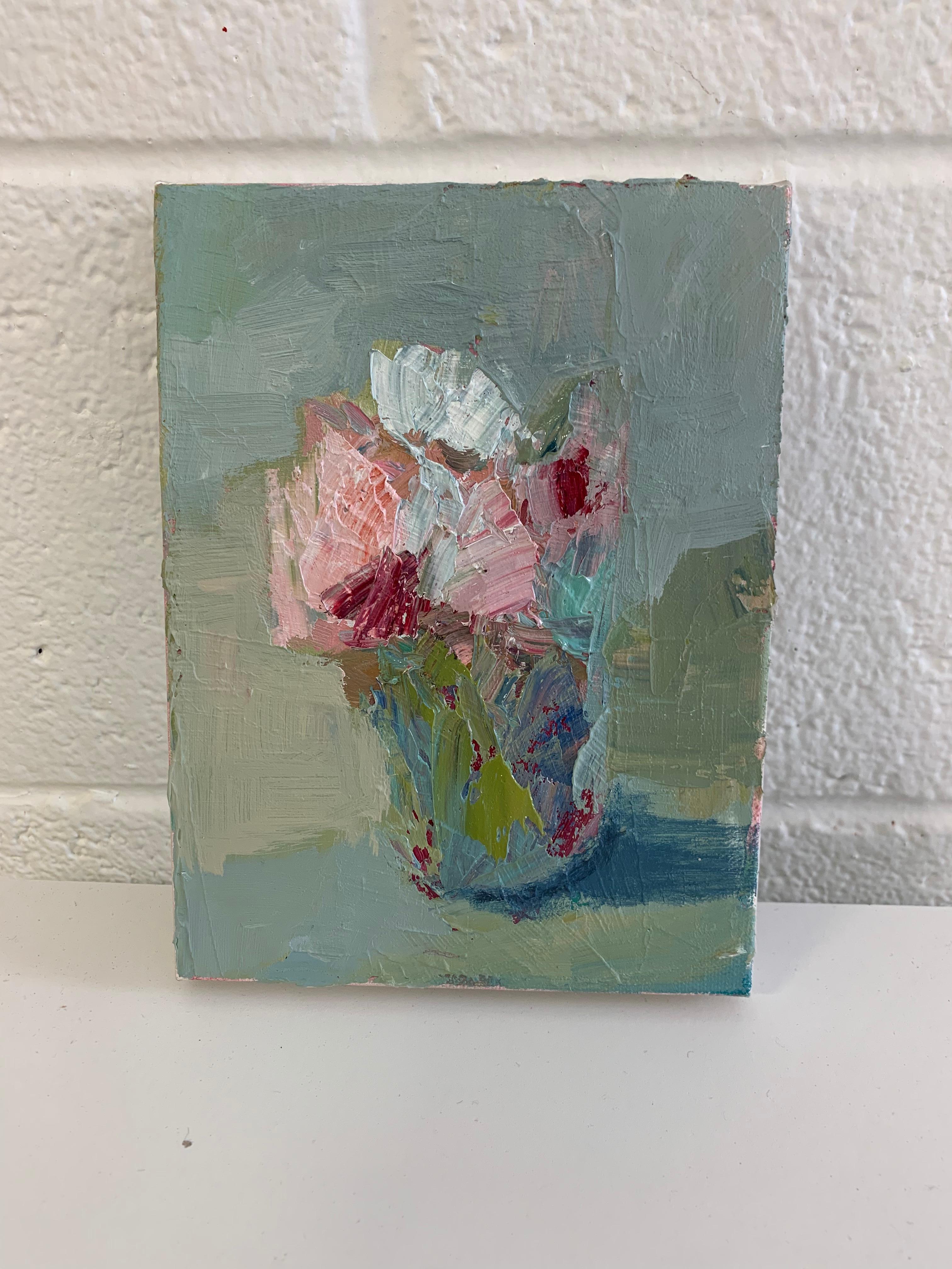 Lovely small oil floral painting by Stephanie Wheeler
Palette knife and brushwork 
Unframed canvas 
Great on a book shelf or an easel !