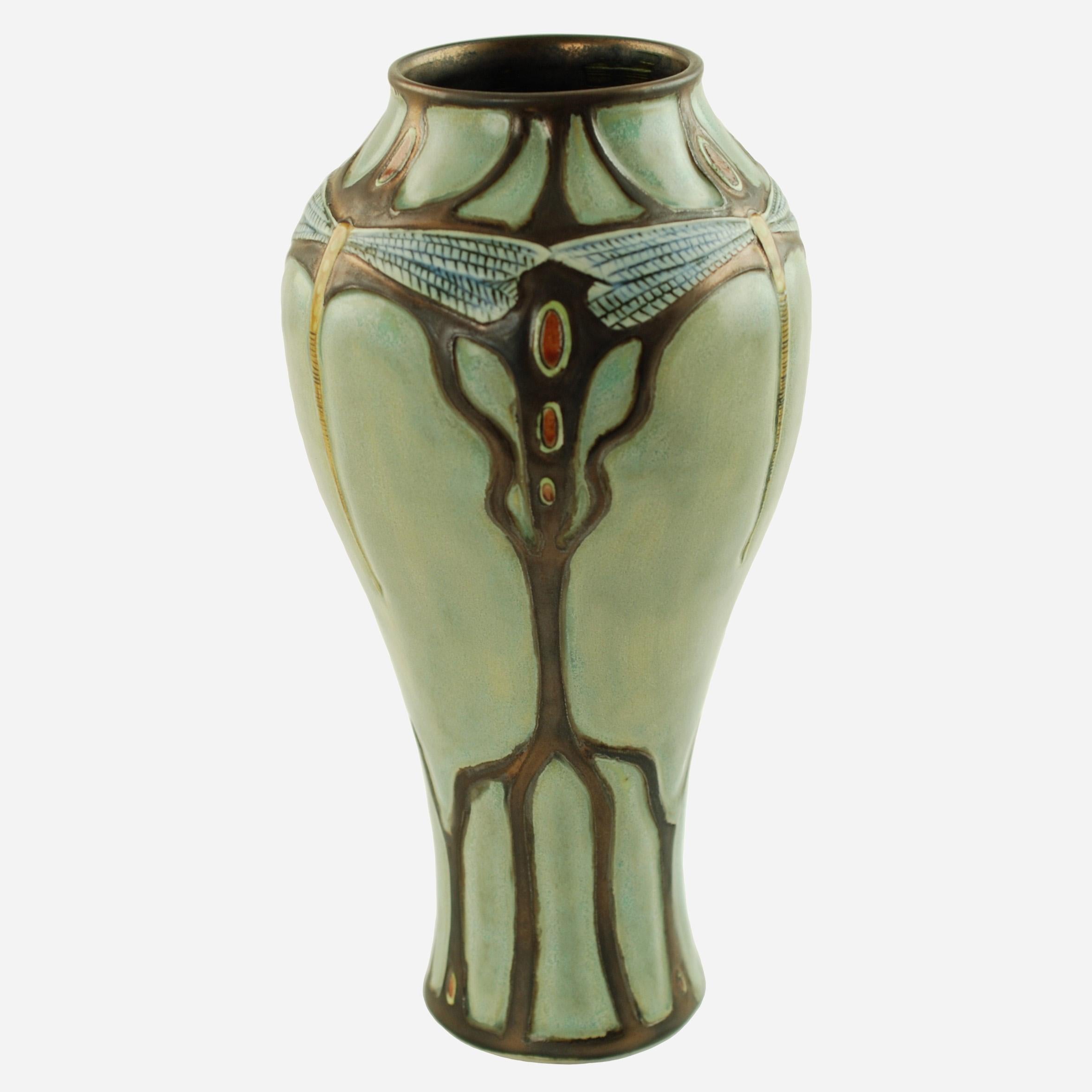 Art Nouveau Stephanie Young Calmwater Designs Studio Porcelain Vase Dragonfly Motif