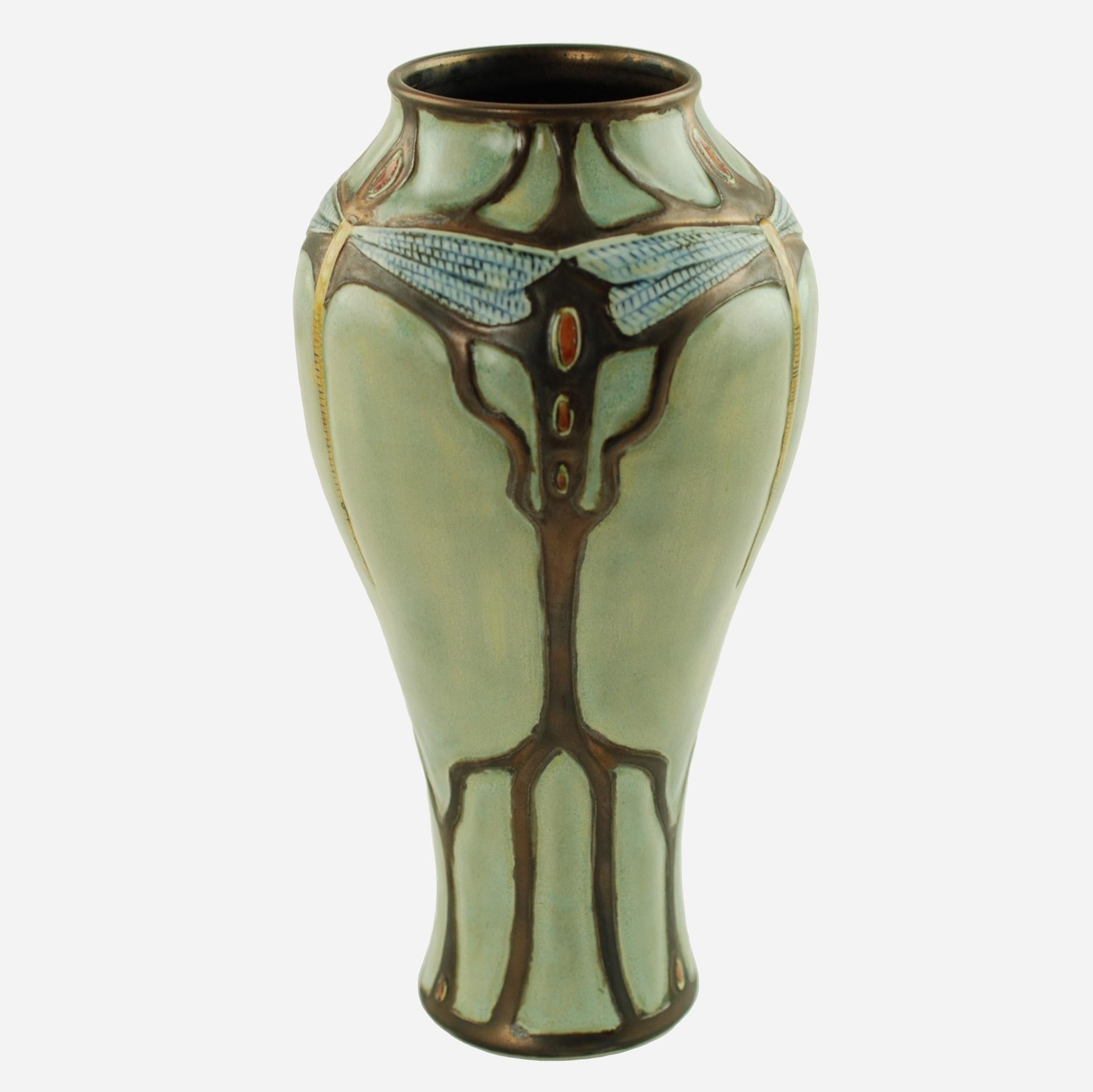 Art Nouveau Stephanie Young Calmwater Designs Studio Porcelain Vase Dragonfly Motif