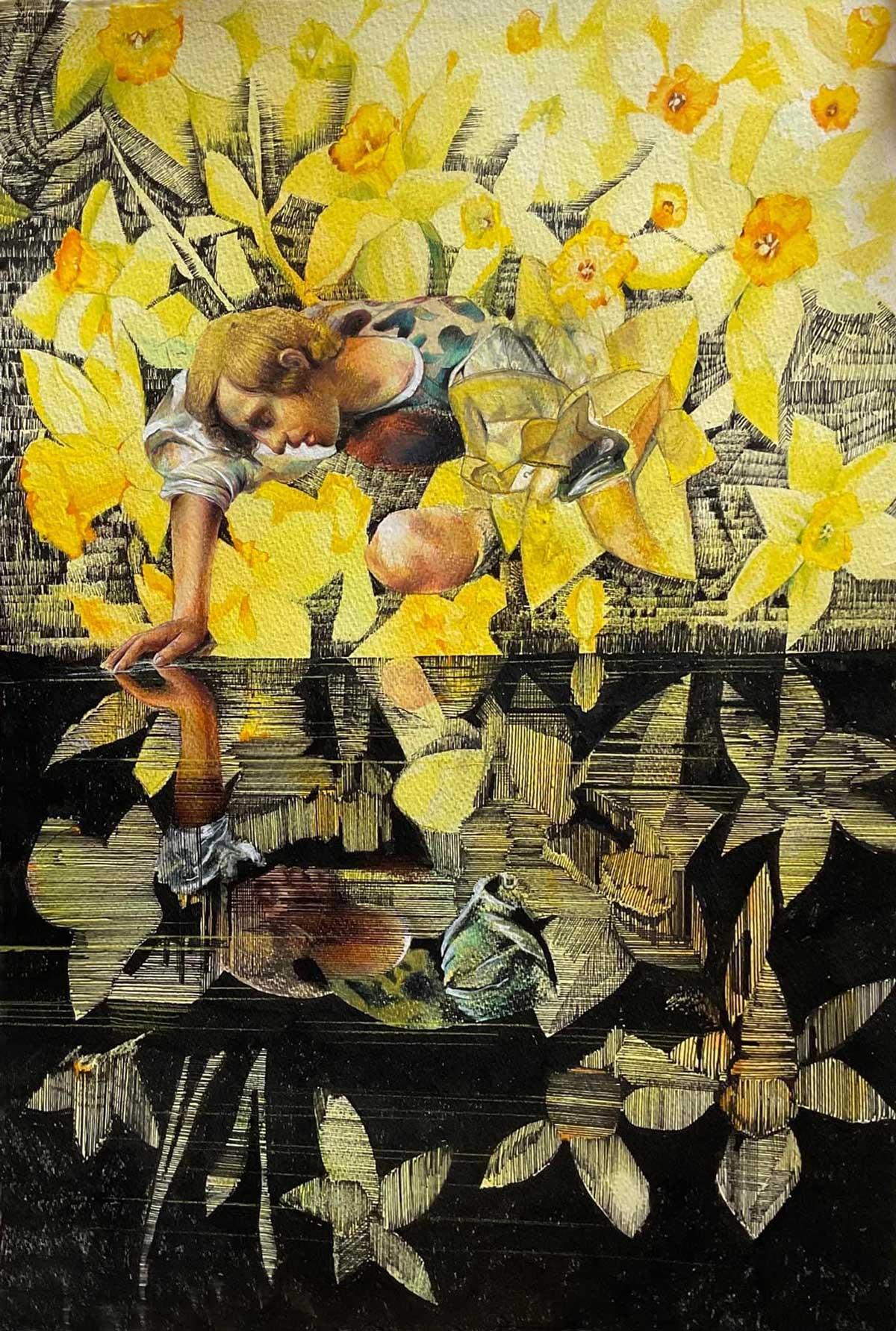 Narcissus after Caravaggio - contemporary colourful watercolour painting paper