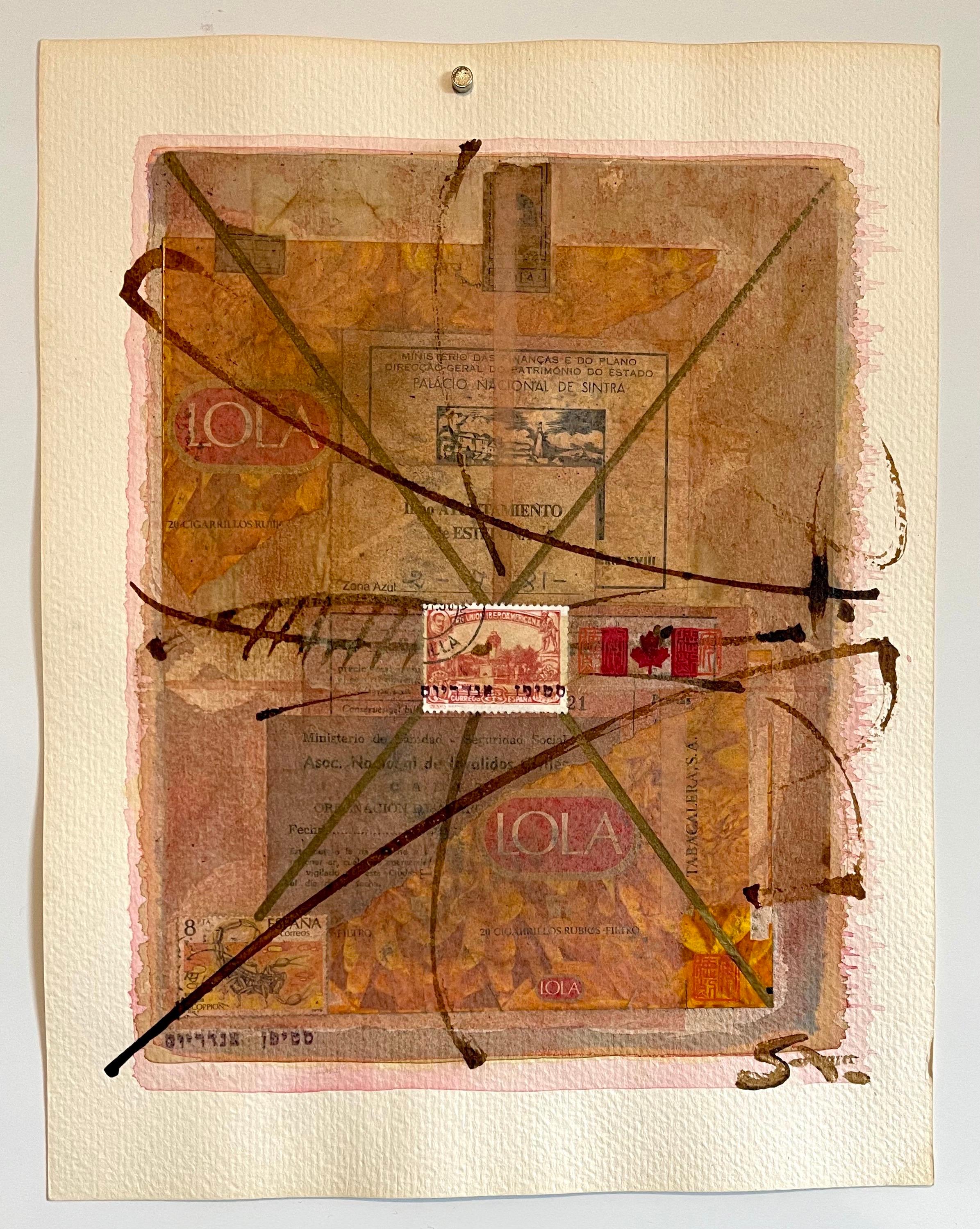 Art canadien Mixed Media Collage Assemblage Painting Hebrew Canada Stamp - Moderne Mixed Media Art par Stephen Andrews