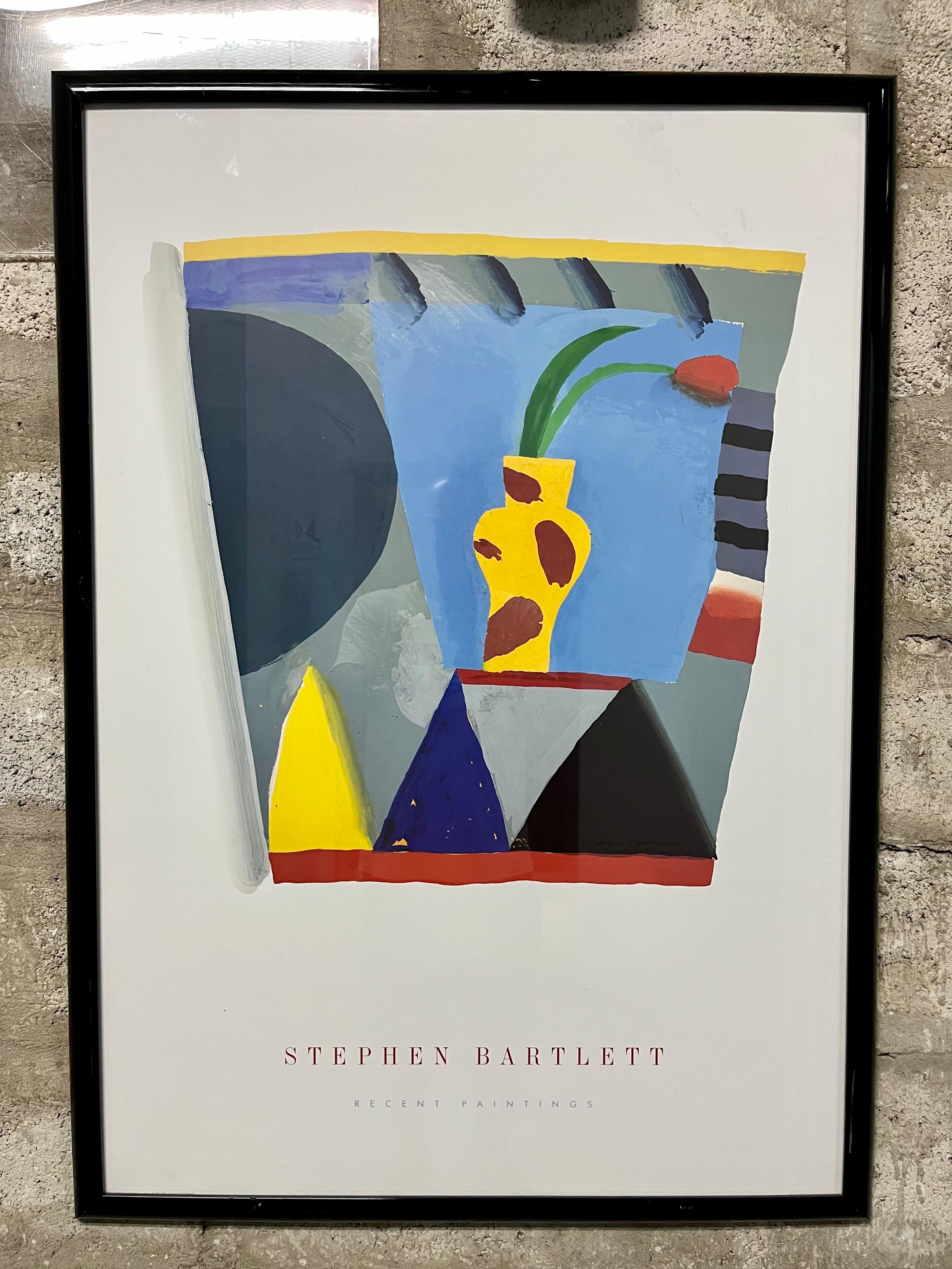 Vintage Stephen Bartlett, Recent Paintings, Framed Exhibition Poster. Circa 1980s.
Features a bright colors, modern geometric abstract still life over a neutral gray background, professionally framed with a glossy black frame. 
In excellent, near