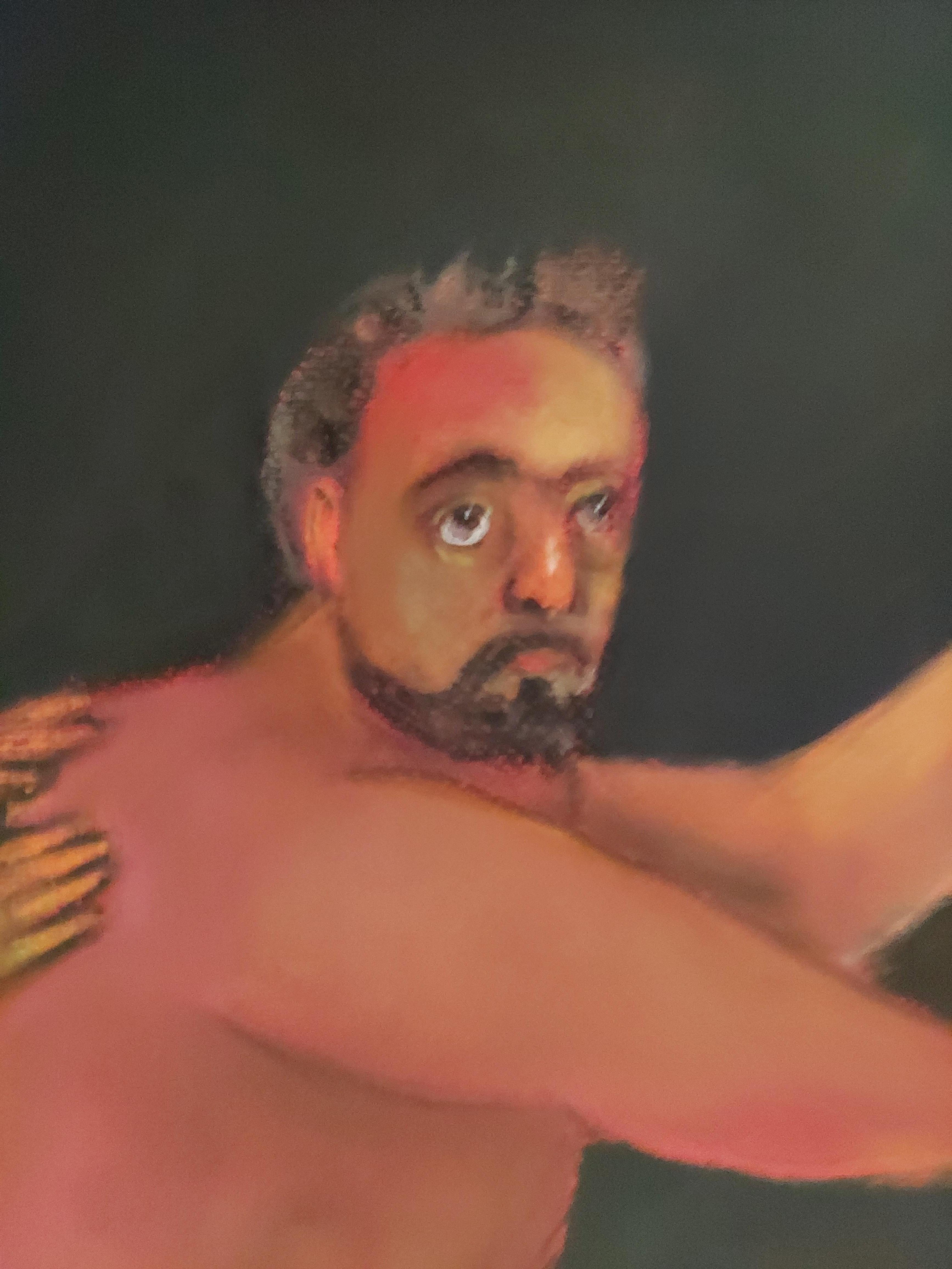 Danseurs d'œufs. Hommes et femmes nus sur fond noir, dans les tons rouges, humour noir - Art de Stephen Basso