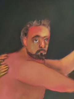 Eier-Tänzer. Männliche und weibliche Aktfiguren, schwarzer Hintergrund, rote Töne, dunkle Humor