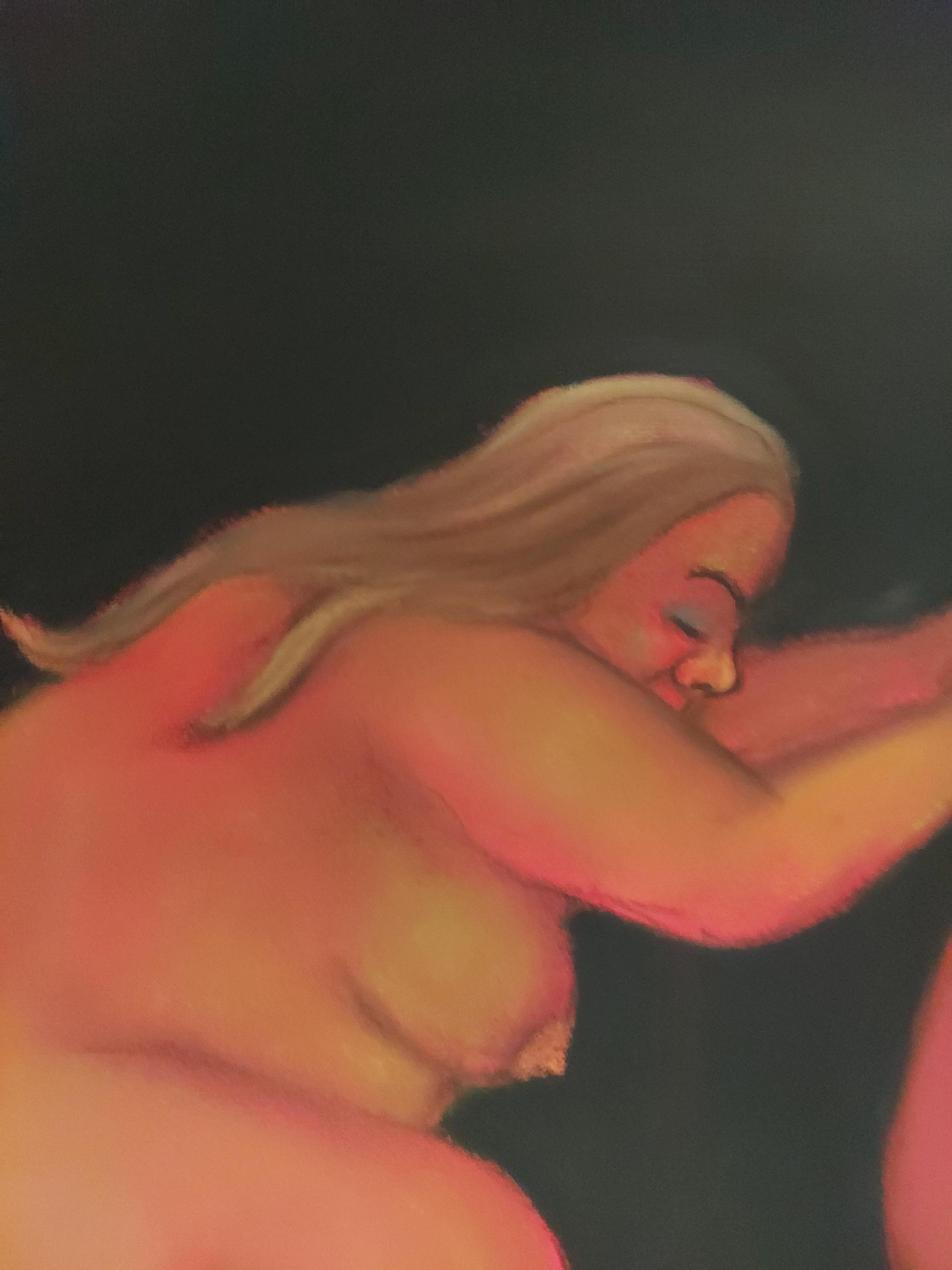 Danseurs d'œufs. Hommes et femmes nus sur fond noir, dans les tons rouges, humour noir - Expressionniste Art par Stephen Basso