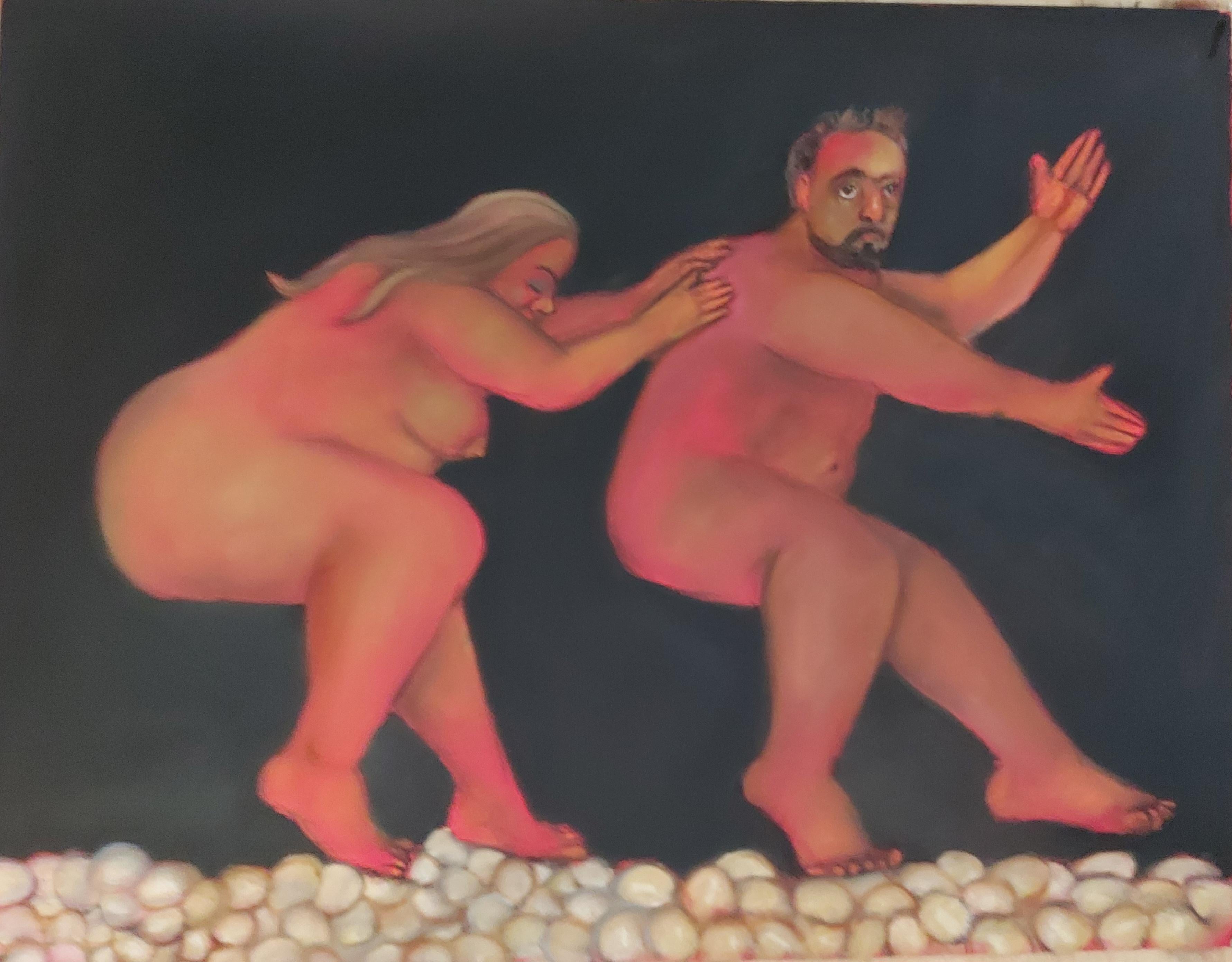 Danseurs d'œufs. Hommes et femmes nus sur fond noir, dans les tons rouges, humour noir