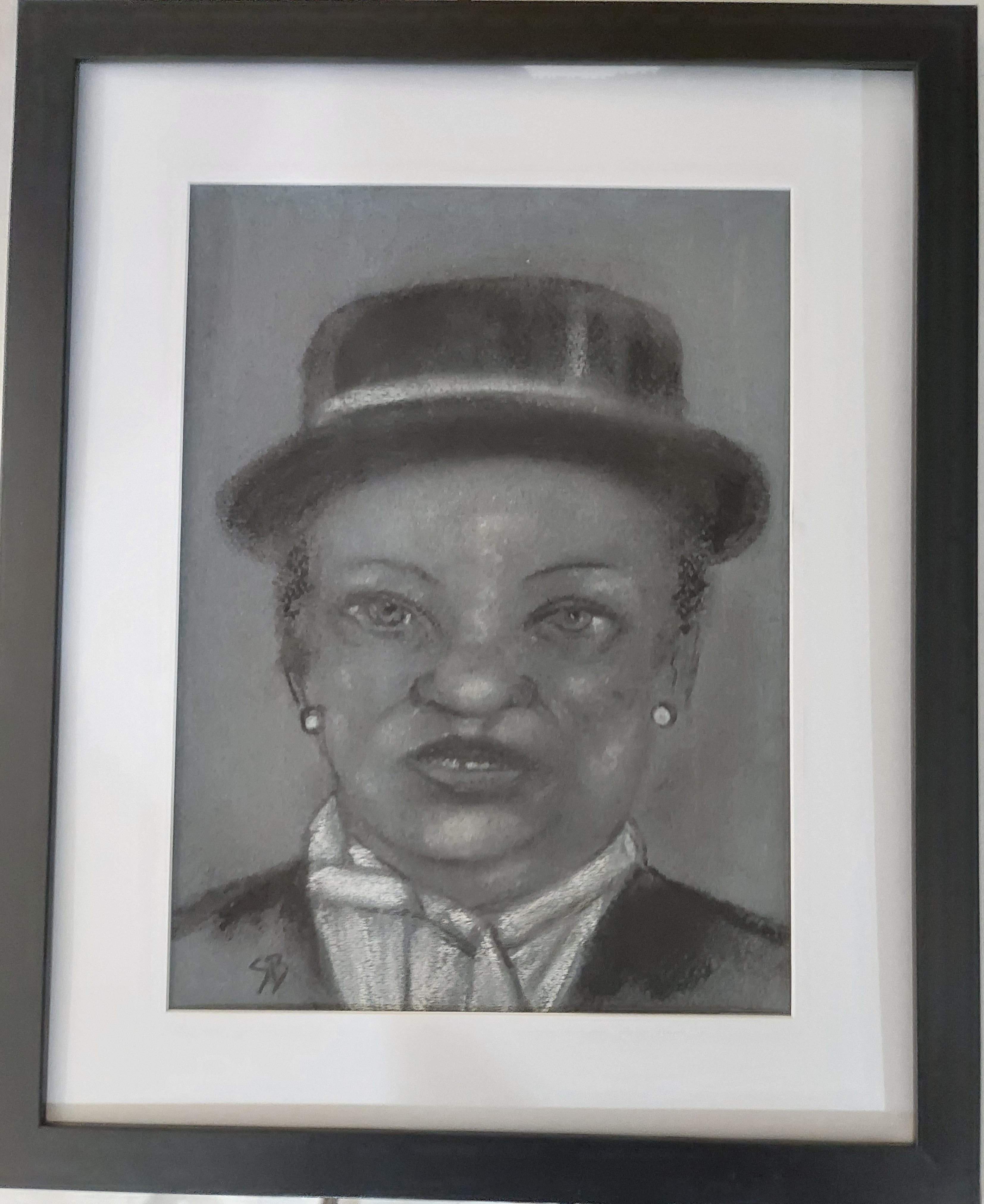 Girl with pork pie hat. Black and white small head portrait drawing. - Expressionist Mixed Media Art by Stephen Basso