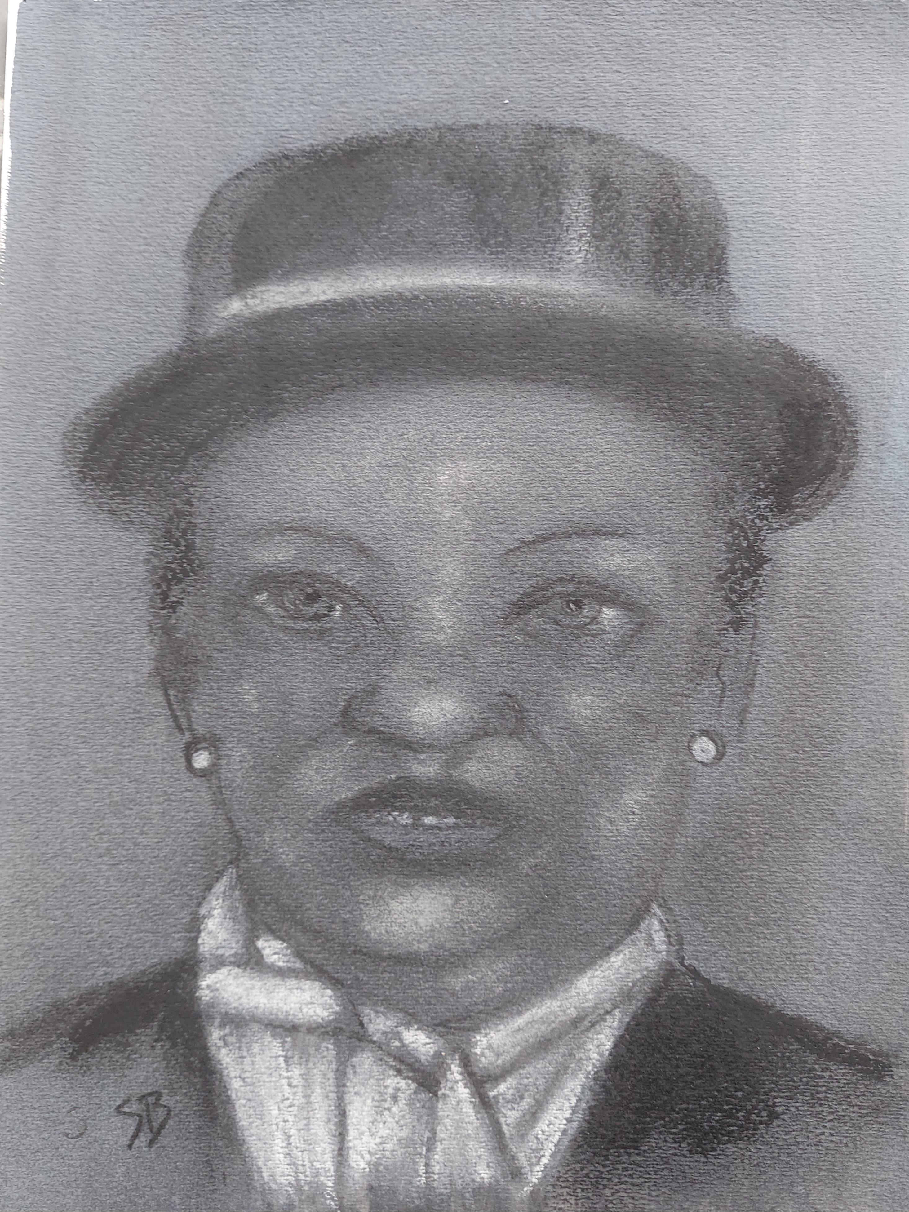 Girl with pork pie hat. Black and white small head portrait drawing. - Mixed Media Art by Stephen Basso