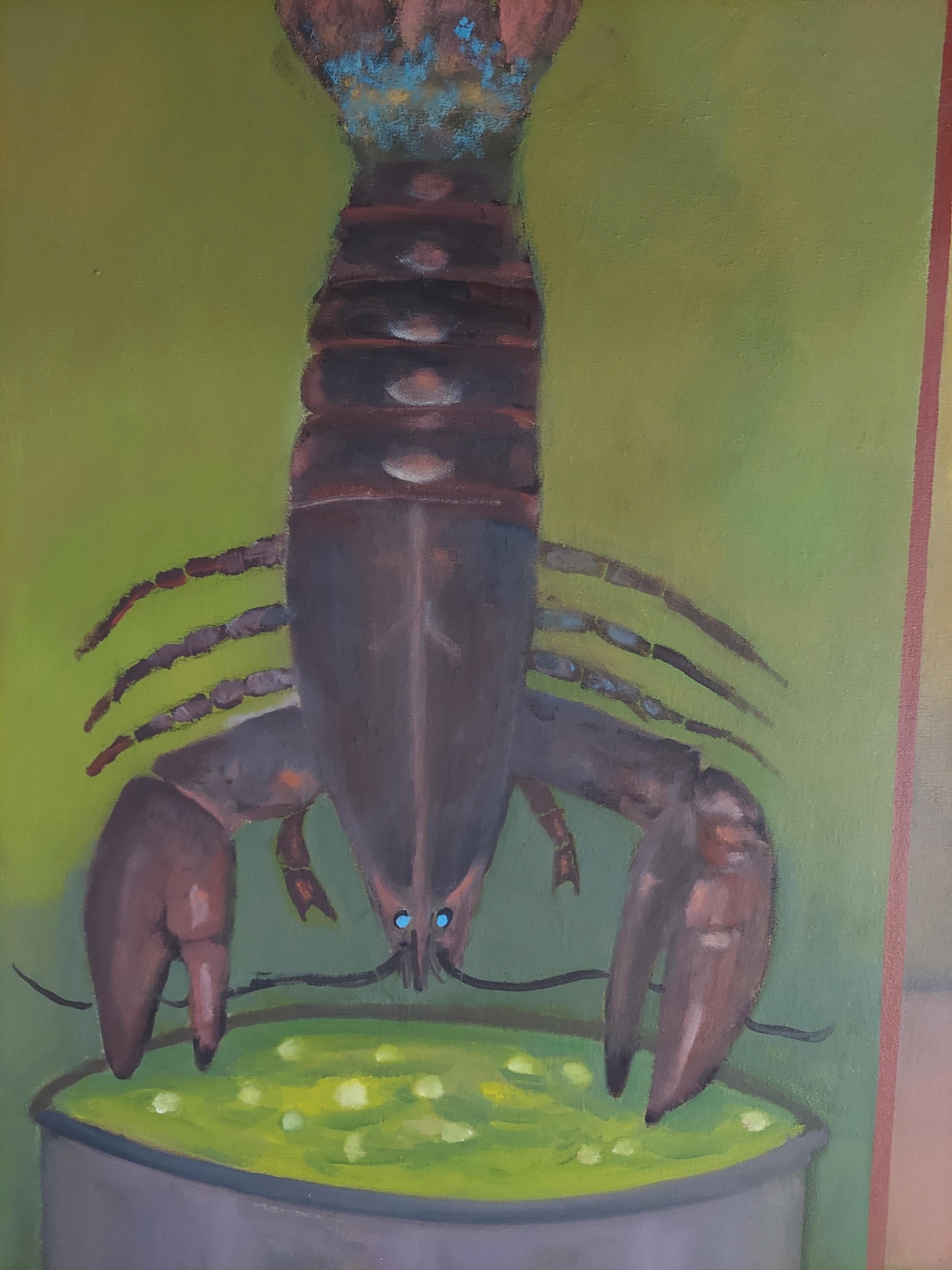 This triptych-like lobster still life is only one of four paintings in this format by the artist. It is not a true triptych, as it is one large single canvas with three distinct images depicting the lobster journey from pot to plate. It would make