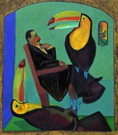 Acrobats  bright tropical colors man and toucan birds humorous  narrative 