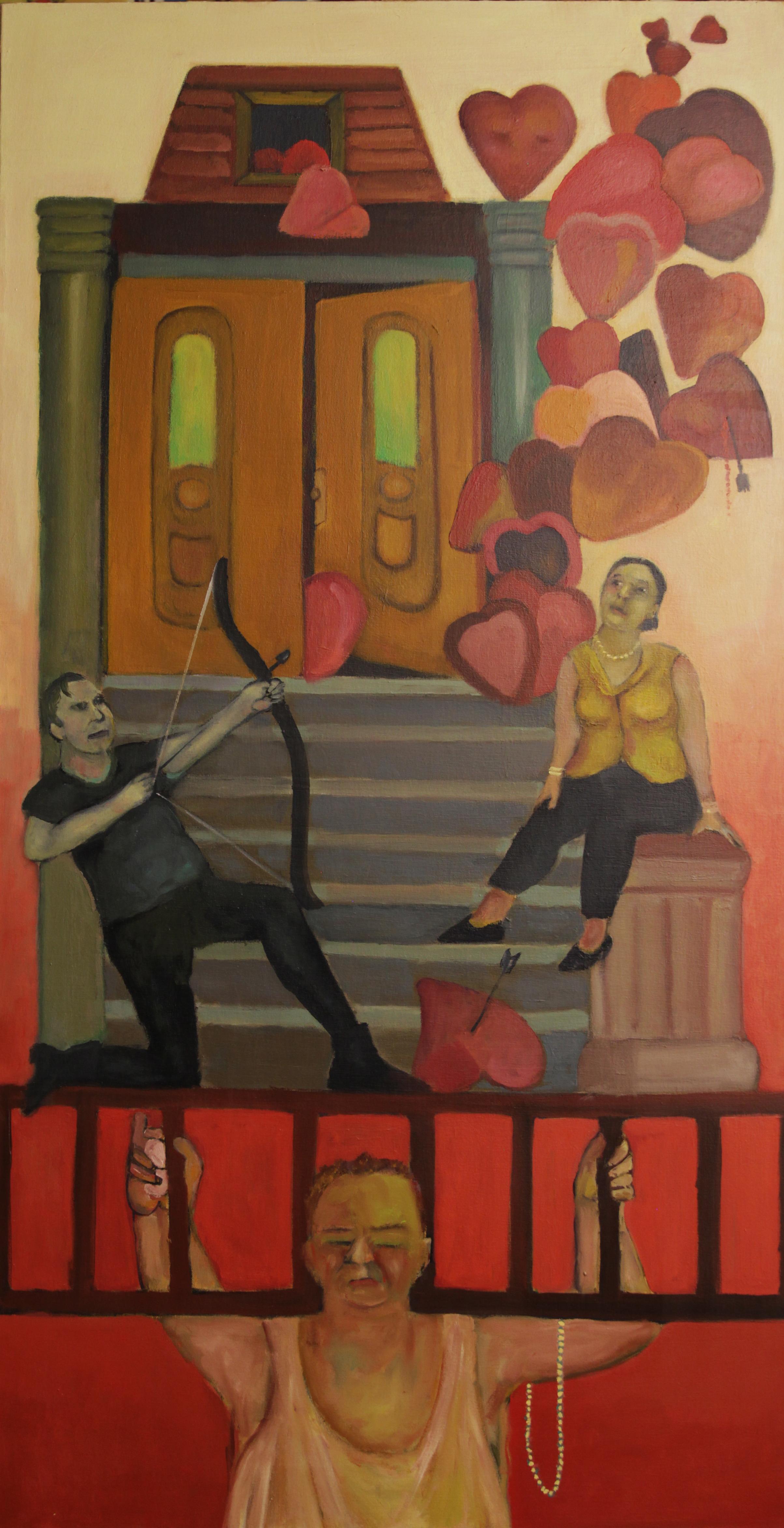 Cupido in costruzione cuori di San Valentino tema quasi romantico colori forti e rossi