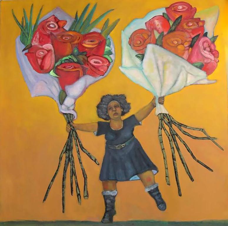 Stephen Basso Figurative Painting - Balance, Whimsical female with flowers, roses, bright golden sky