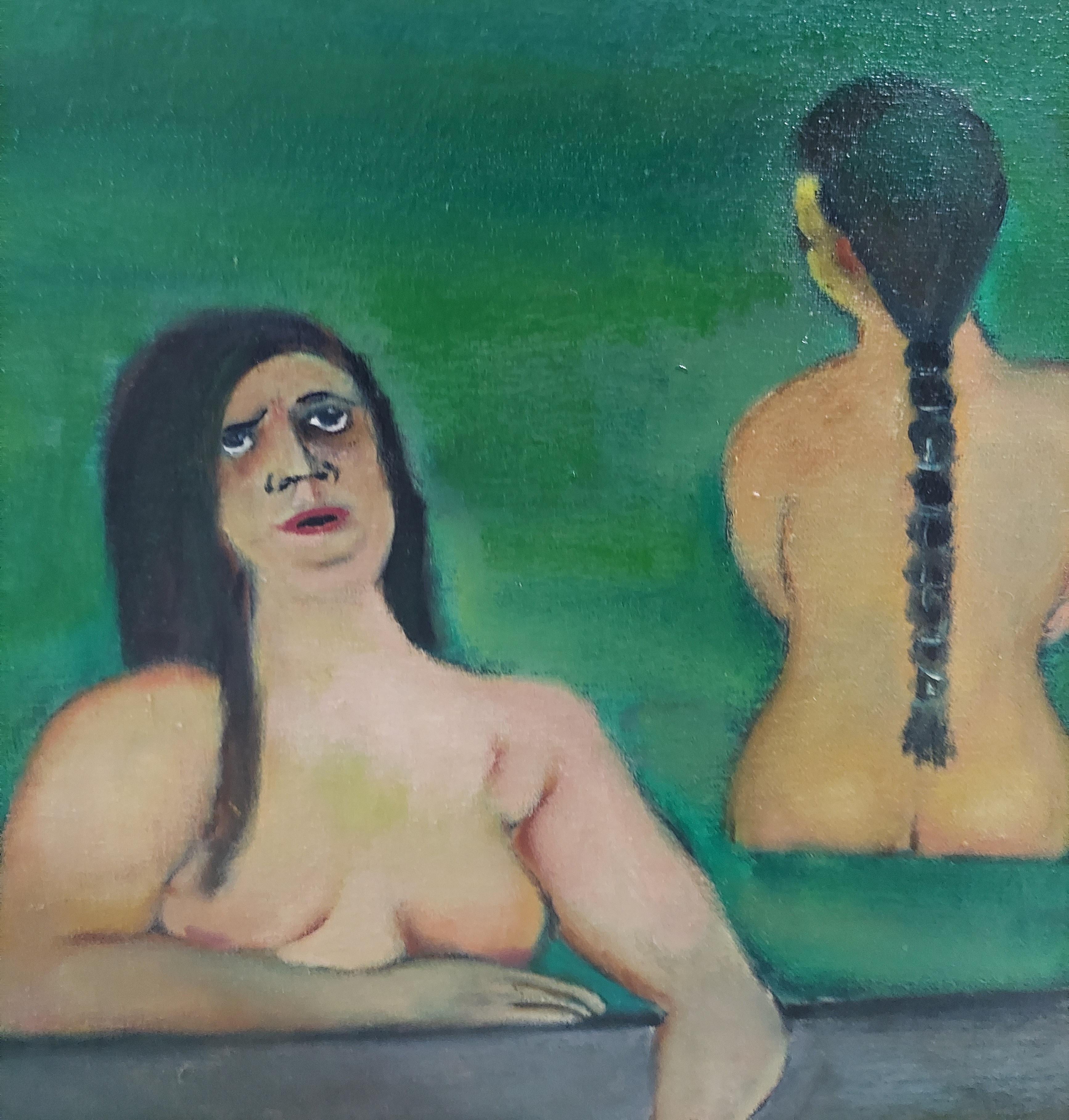 Badewannen (der Kuss), weibliche nackte Figuren in grünen Grautönen für den Innenbereich des Pools (Amerikanische Moderne), Painting, von Stephen Basso