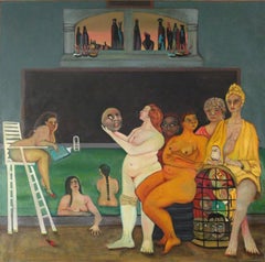 bathers (the kiss), female nude figures indoor pool green grey tones