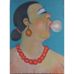 Bazooka Betty head profile of woman in red necklace blowing chewing gum