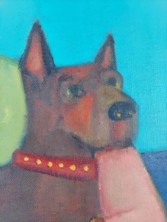 Bella Buster et Bruno. Figure masculine assise deux chiens tons bleus et gris