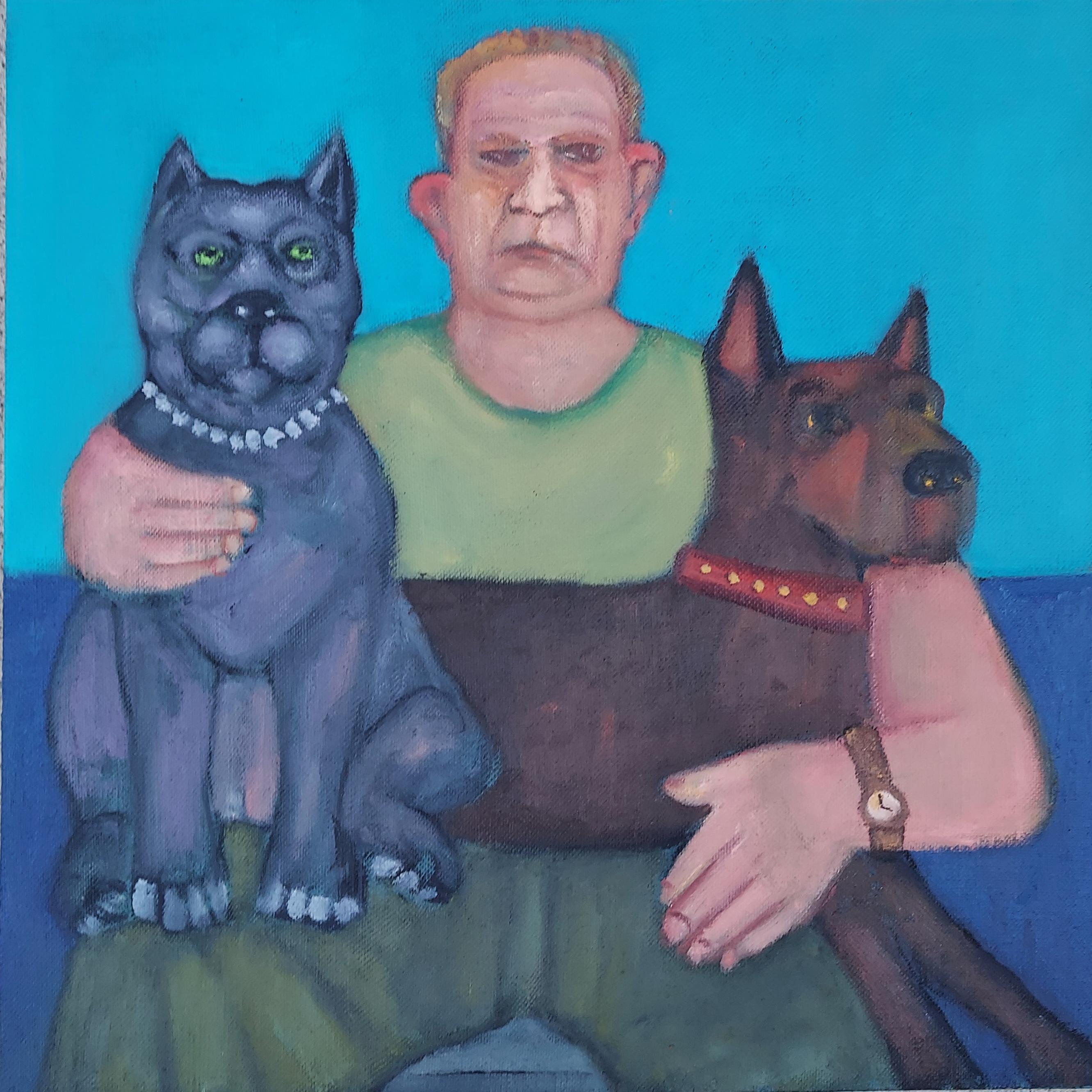 Animal Painting Stephen Basso - Bella Buster et Bruno. Figure masculine assise deux chiens tons bleus et gris