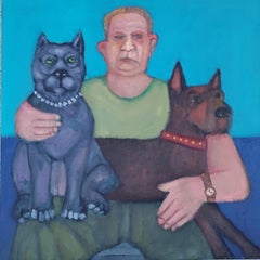 Bella Buster et Bruno. Figure masculine assise deux chiens tons bleus et gris