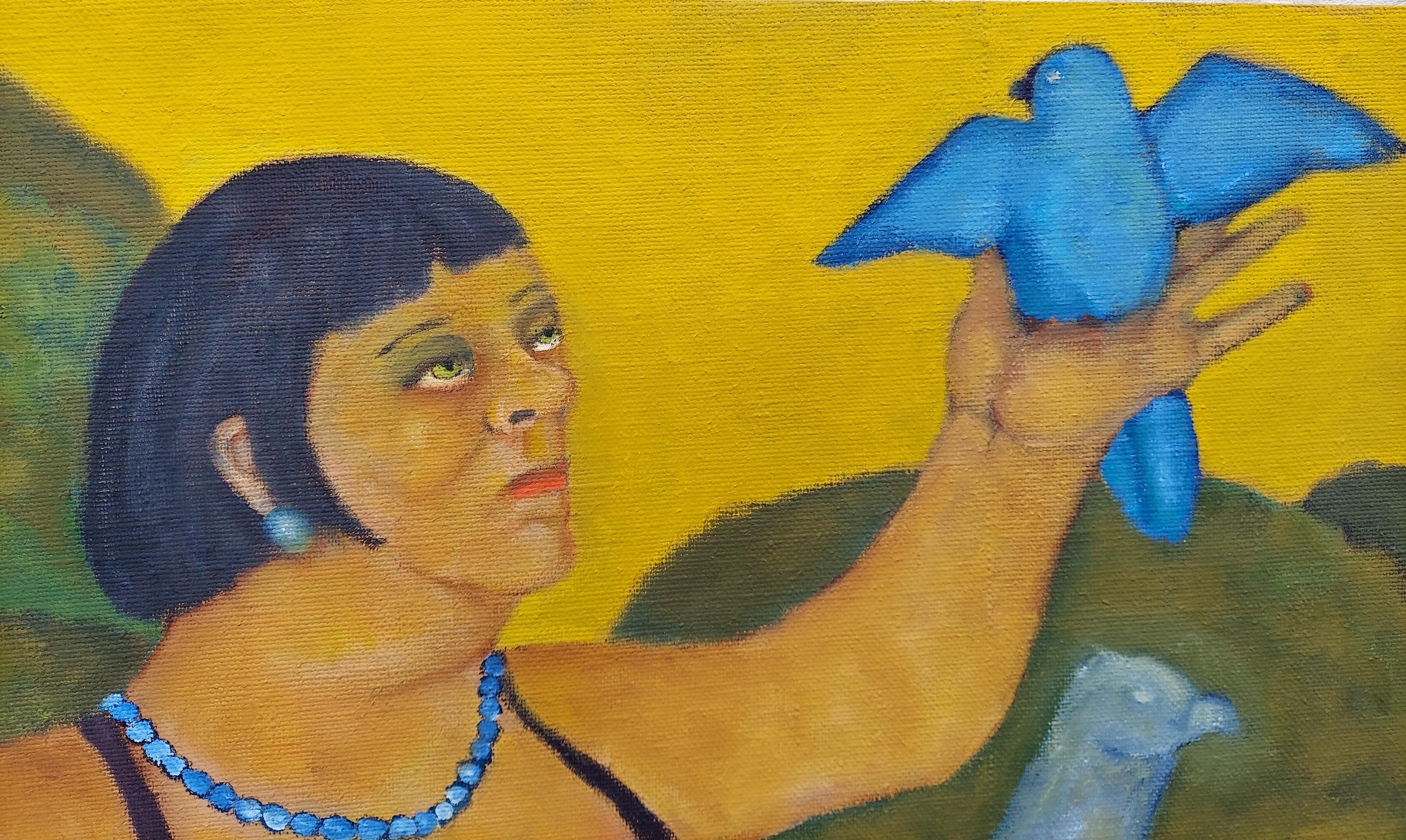 Bluebird Primavera giardino impostazione grande figura femminile morbido caldo Grigio viola  giallo - Painting di Stephen Basso
