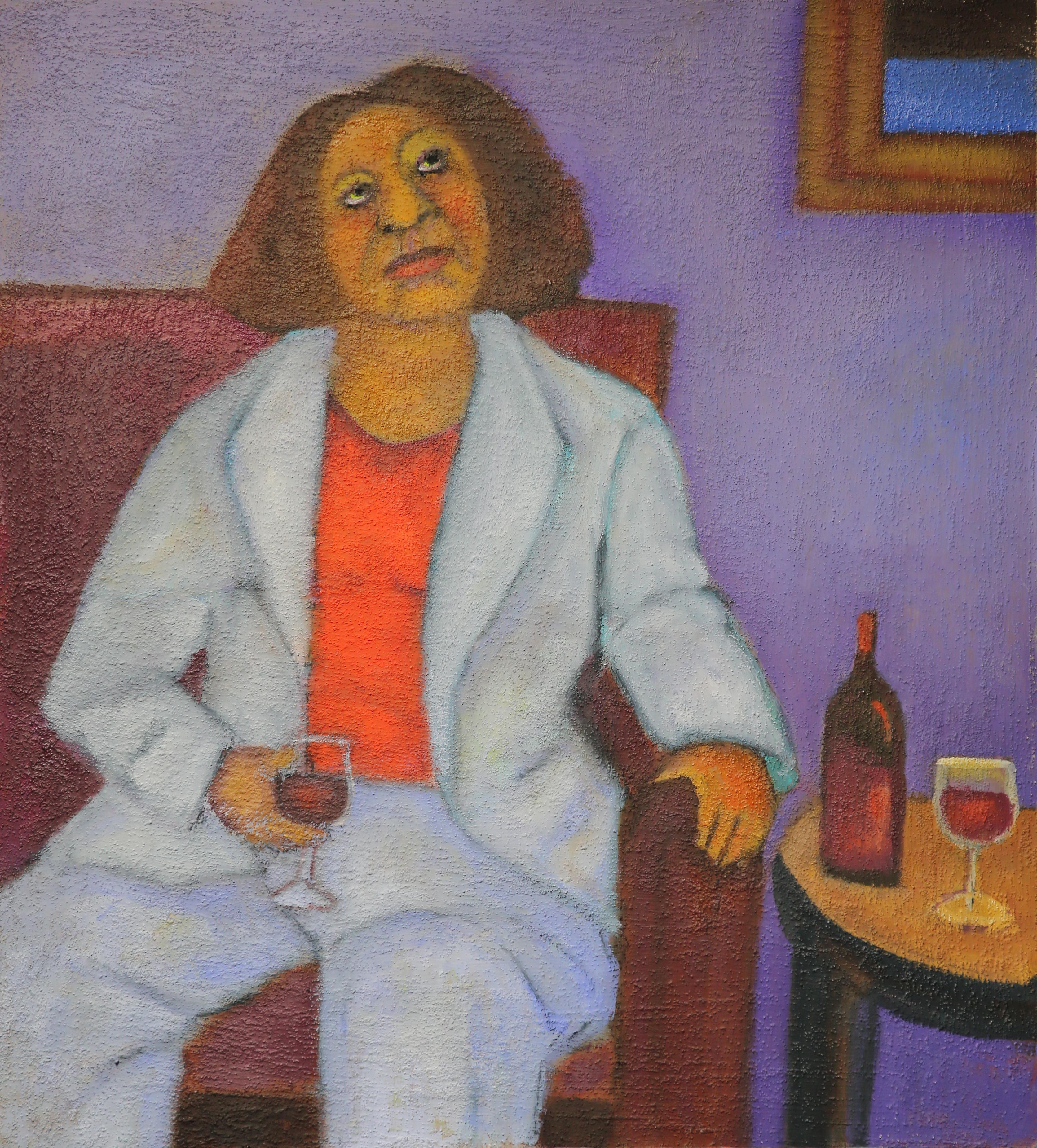 Stephen Basso Interior Painting – Abende für Cocktails aus der Mitte des Jahrhunderts  Wein Thema sitzende weibliche Figur warme Abend Gedanken