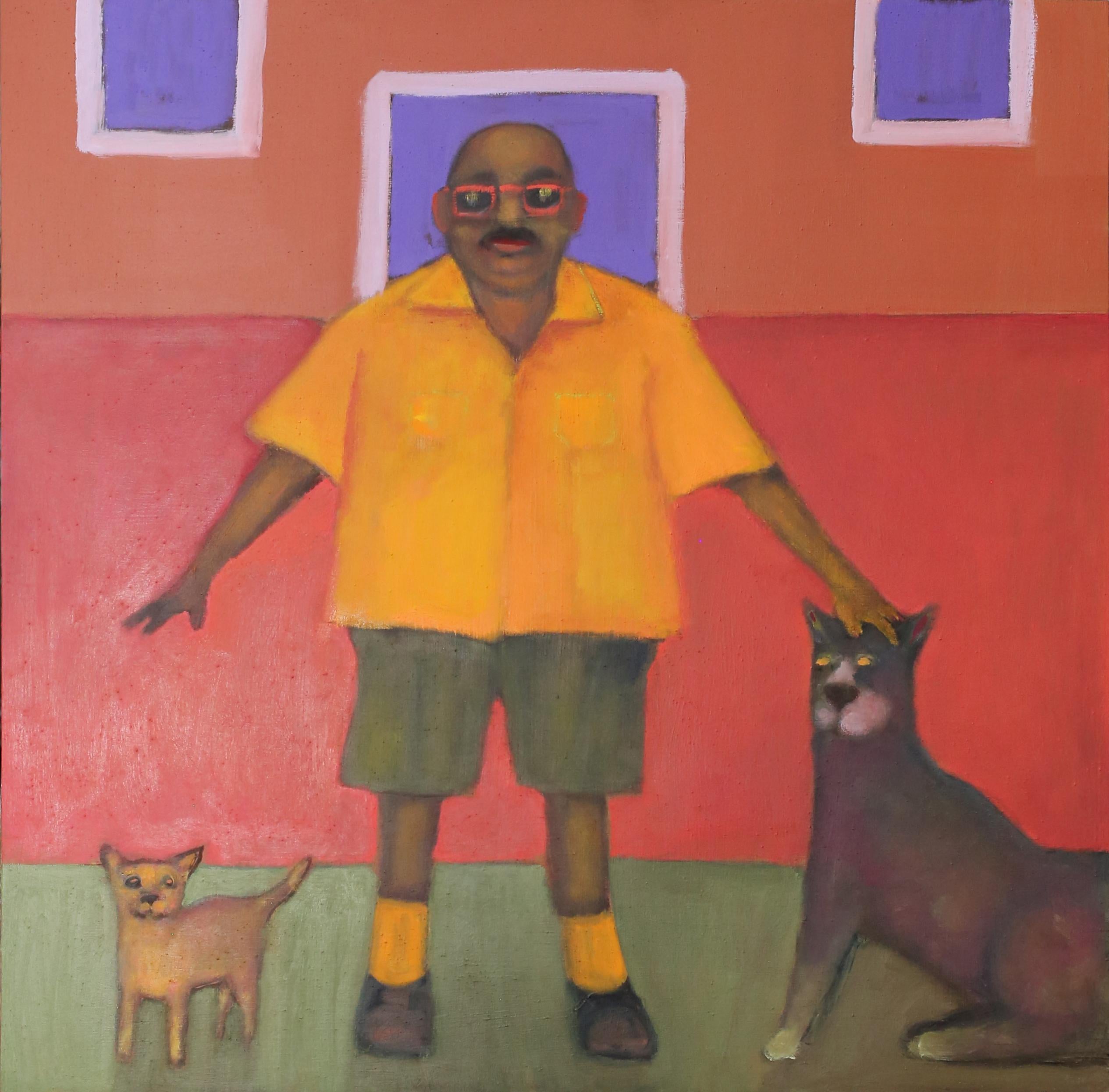 Figurative Painting de Stephen Basso - Bordertown  Figura masculina cómica de pie con perros amarillo brillante rojo naranja