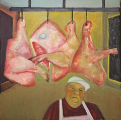 Carnicero ll figura masculina corta carne cerdo colores cálidos oliva y rojo tema comida