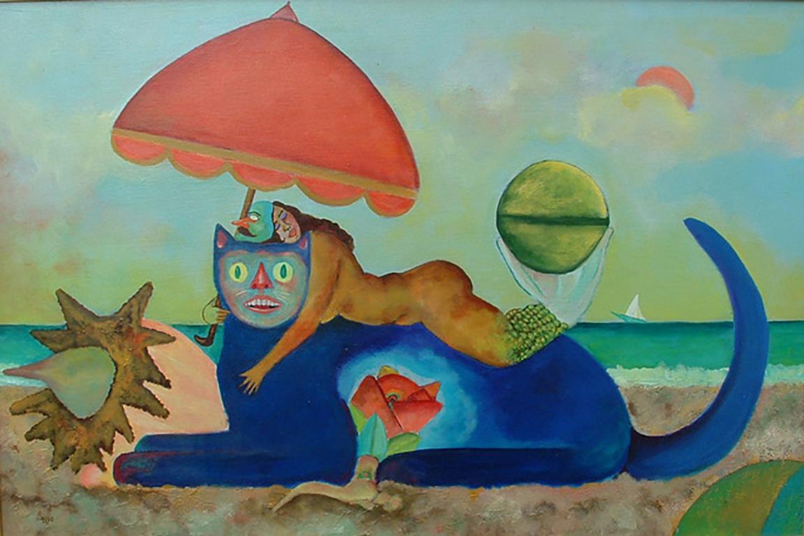 Stephen Basso Animal Painting - cat and mermaid, colorful seascape fantasy, animal, beach dreamlike narrative