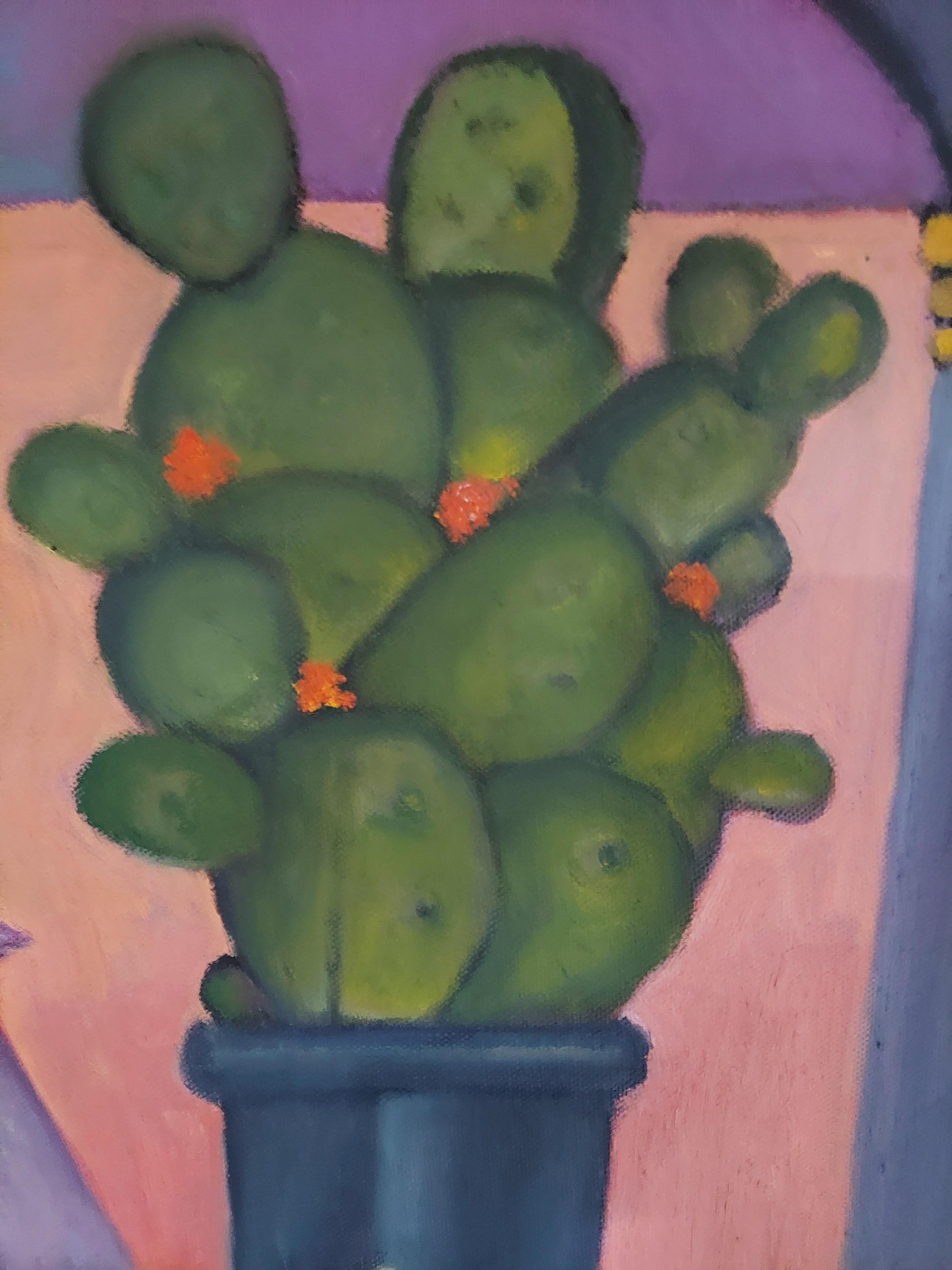 Catcus Fever sitzender Mann mit Catcus Pflanze warme südwestliche Farben (Grau), Figurative Painting, von Stephen Basso