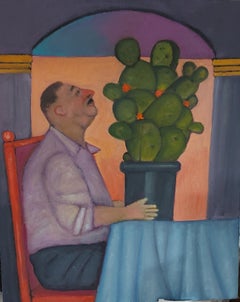 Fiebre del catcus hombre sentado con planta de catcus colores cálidos del suroeste
